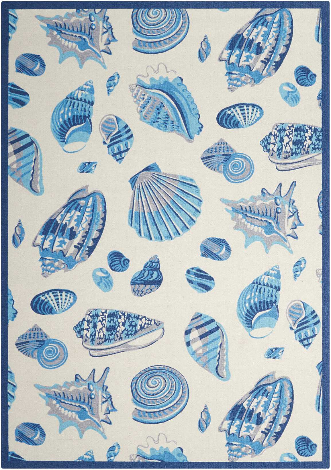 Ivory and Blue Abstract Seashell 5'3" x 7'5" Outdoor Rug