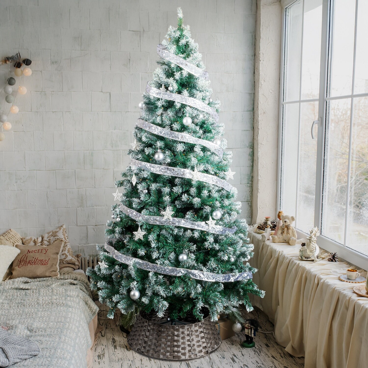 Upsimples 7.5FT Snow Tipped Pre Lit Christmas Tree 1223 PVC Branch Tips 350 Warm White LEDs Silver Ribbon Ornaments Fence Tree Skirt Included in Green