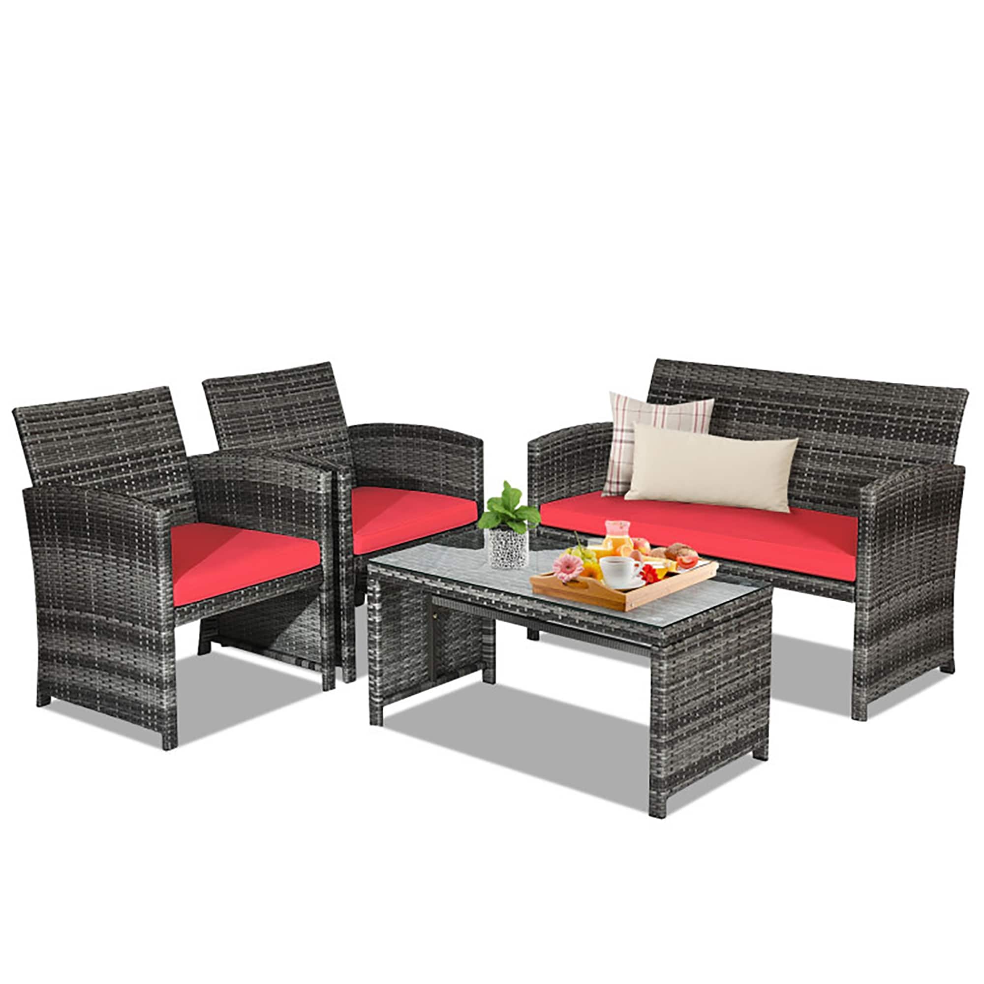 CASAINC WF-HW63238RE-LA 4 Pieces Patio Rattan Furniture Set with Glass Table and Loveseat 4 -Piece Rattan Patio Conversation Set with Red Cushions