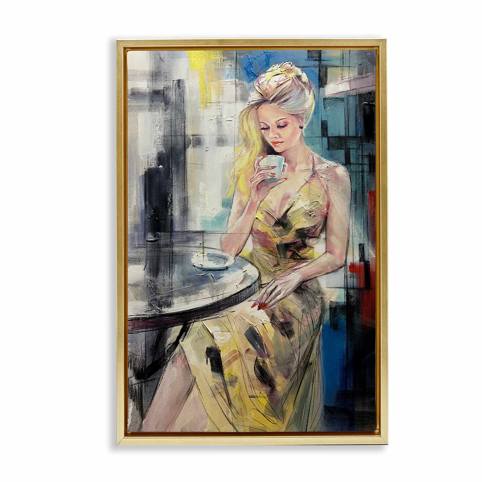 Stupell Industries BT-048-FFG-20X30 Elegant Woman at Cafe Gold Framed Floater Canvas Wall Art By Lucille Lee 21 x 31
