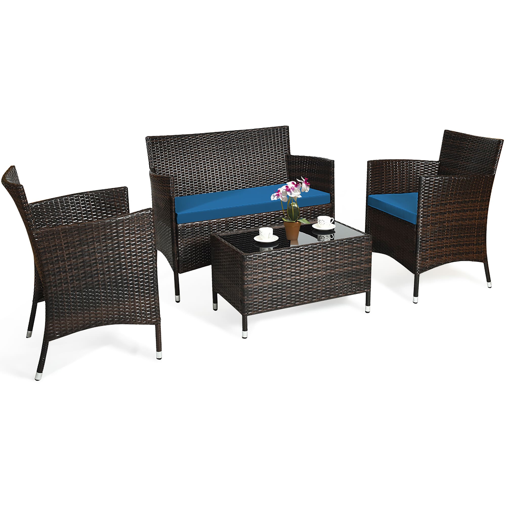 Costway LWS00028 4 -Piece Rattan Patio Conversation Set with Blue Cushions