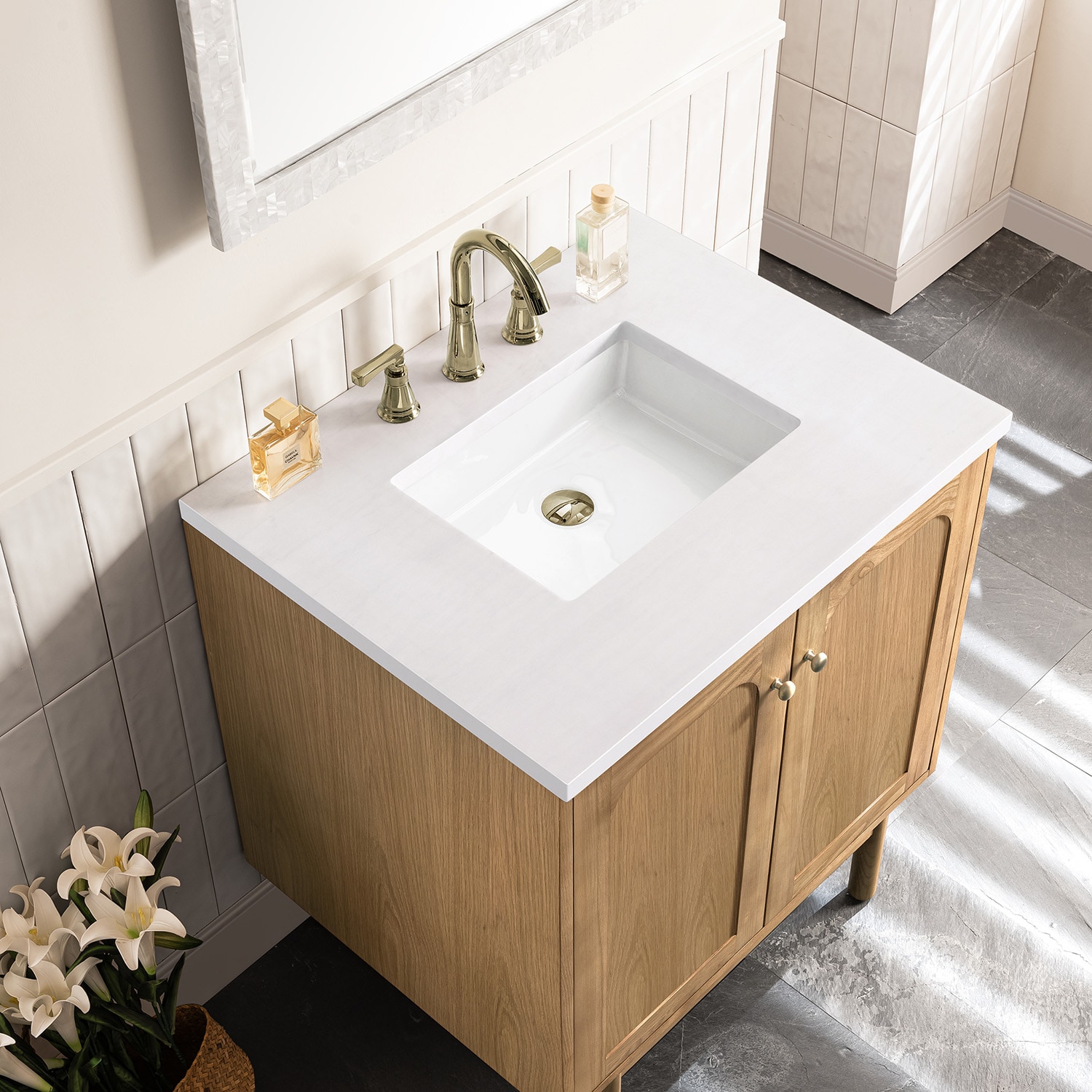 Light Natural Oak Wall-Mount Single Vanity with White Quartz Top