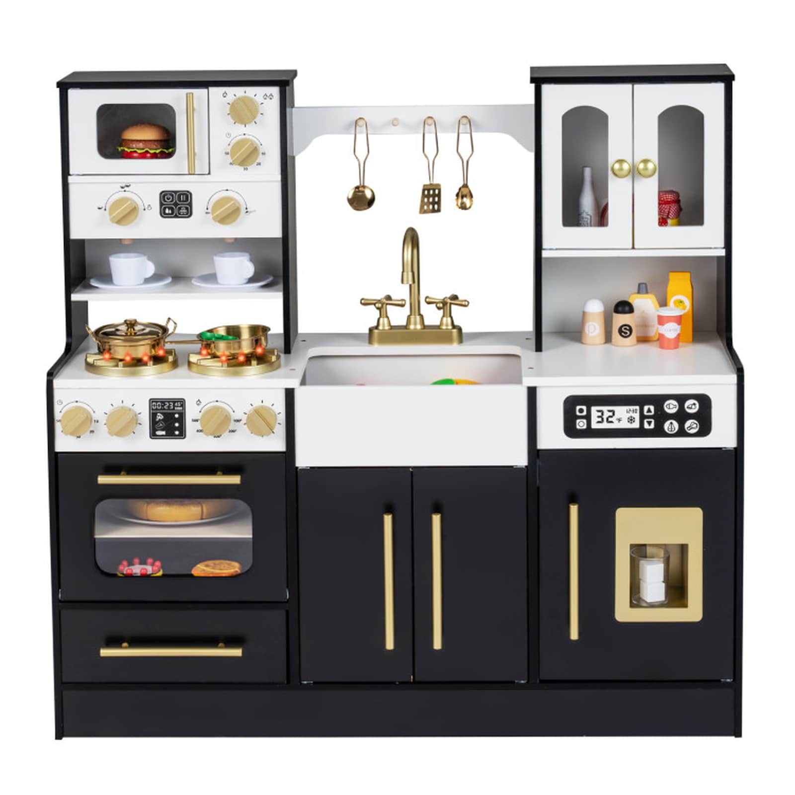 SUGIFT - 36.5 x 12.5 x 35.5-in Wooden Kids Kitchen Playset with 2 Light and Sound Stoves Ice Mach...