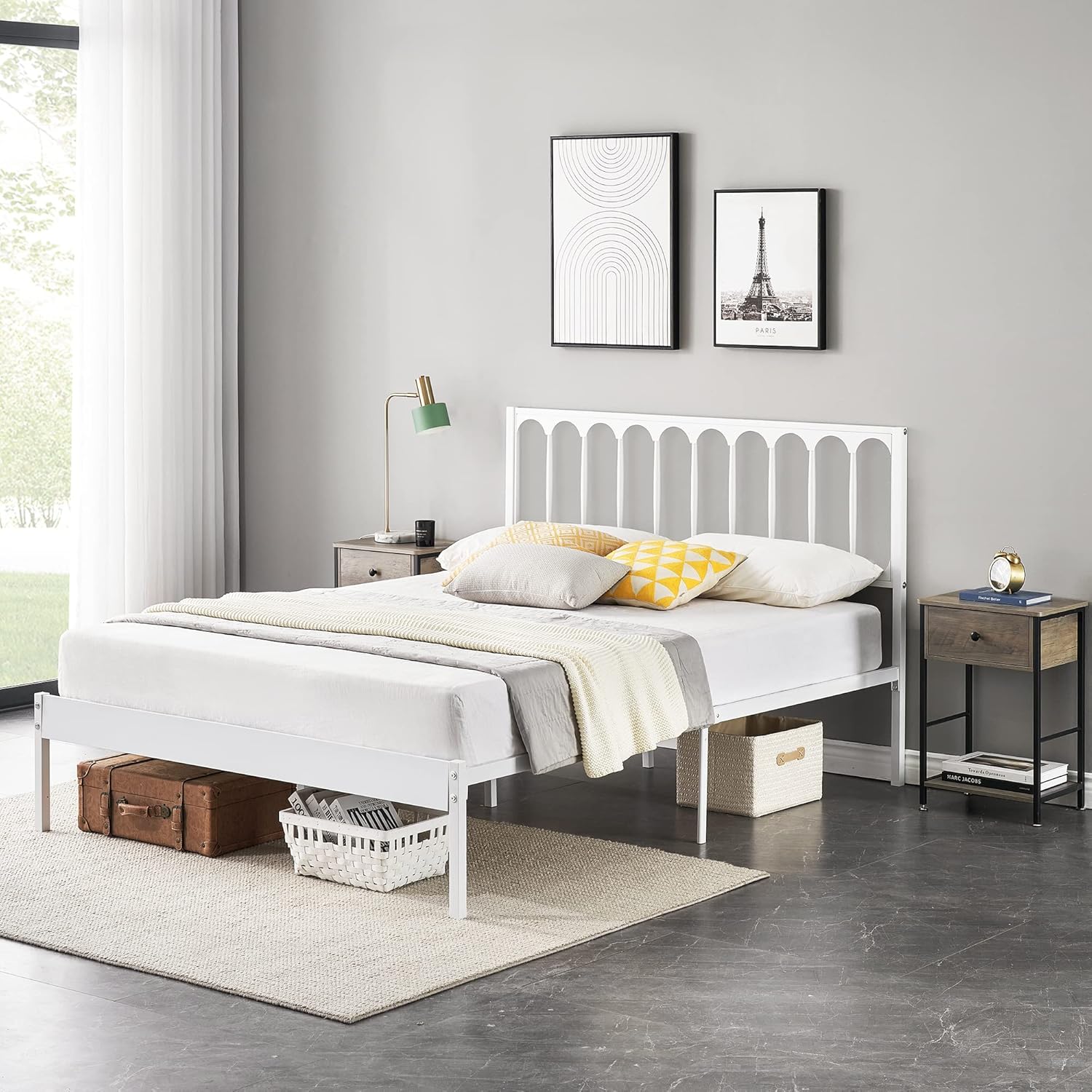 Qeetex LHF-BED-PHO-0XSZT2QY Queen Size Bed Frame Metal Platform Mattress Foundation with Headboard Heavy Duty Steel Slats Support Under Bed Storage Space No Box Spring Needed Easy Assembly White