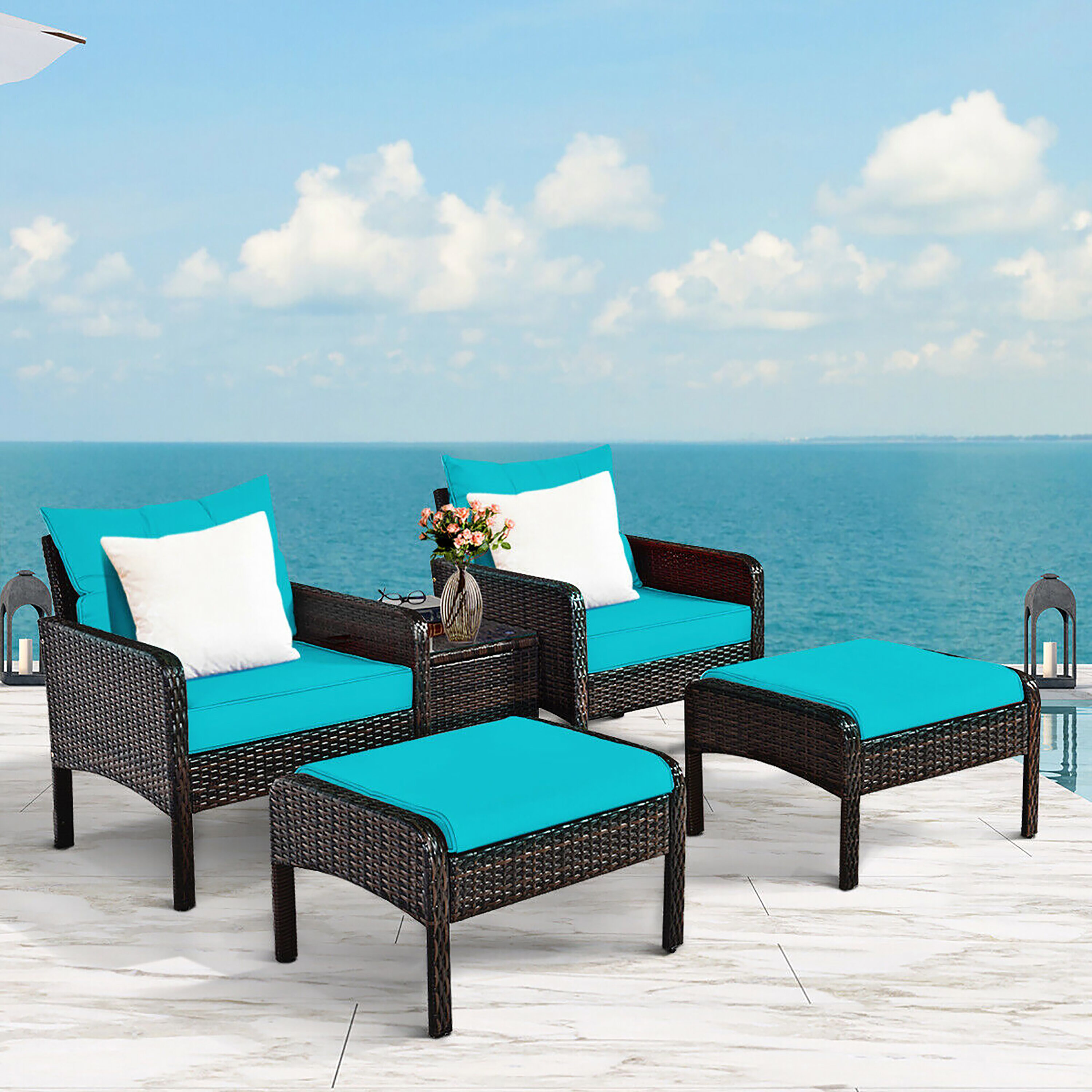 Turquoise 5-Piece Outdoor Rattan Conversation Set with Cushions