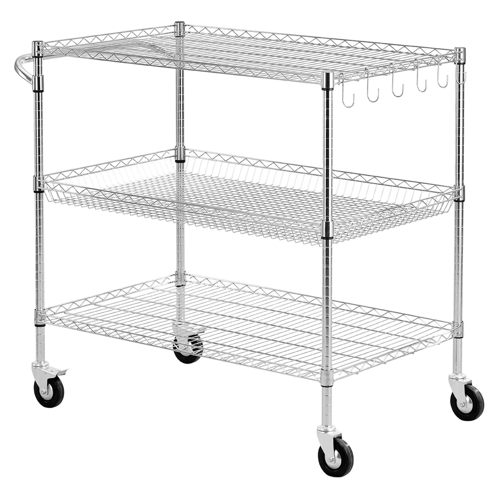 JUSHUA Kitchen Utility Cart 3 Tier Heavy Duty Adjustable Wire Storage Rack Commercial Steel Rolling Service Trolley on Wheels Work Table with Handle Bar for Garage and Laundry Room 40x25x40 9/10 in