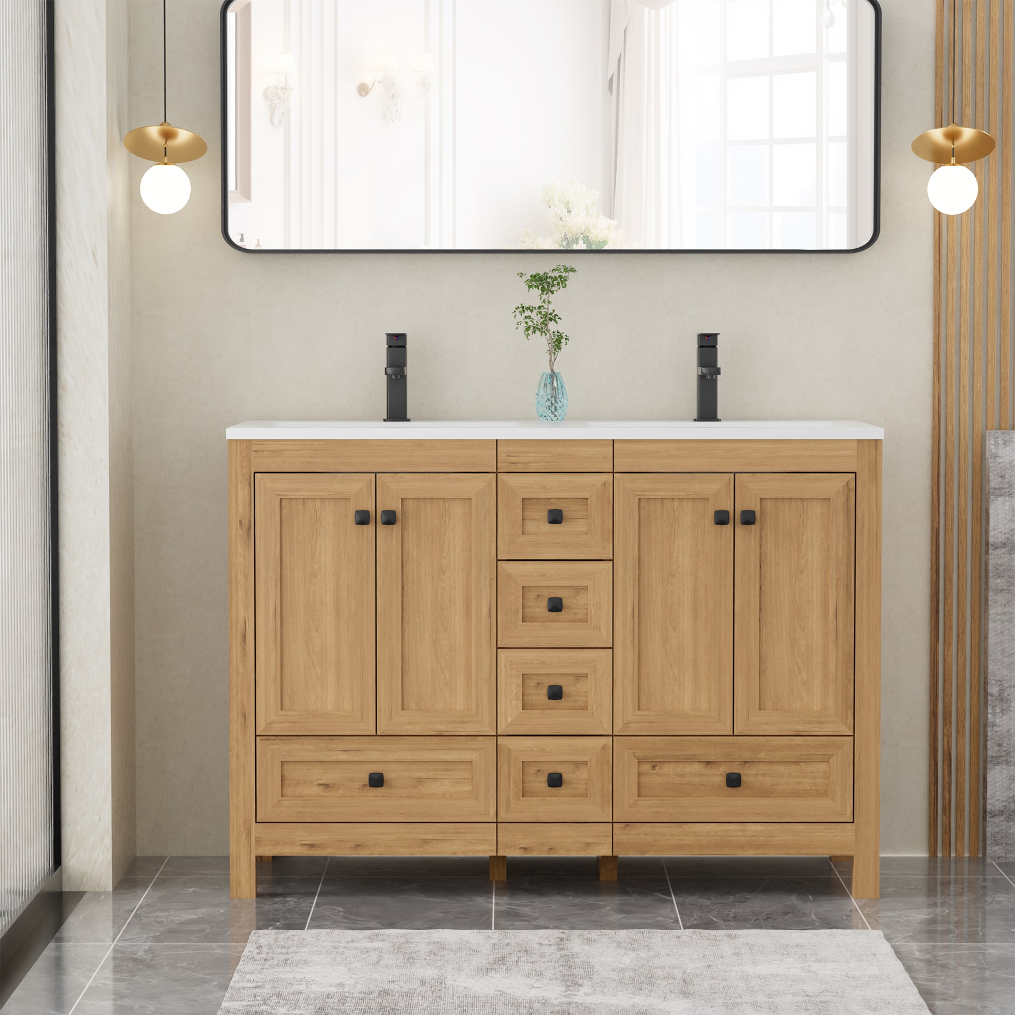 eclife 48 inch Oak Double Sink Bathroom Vanity with White Integrated Composite Resin Top