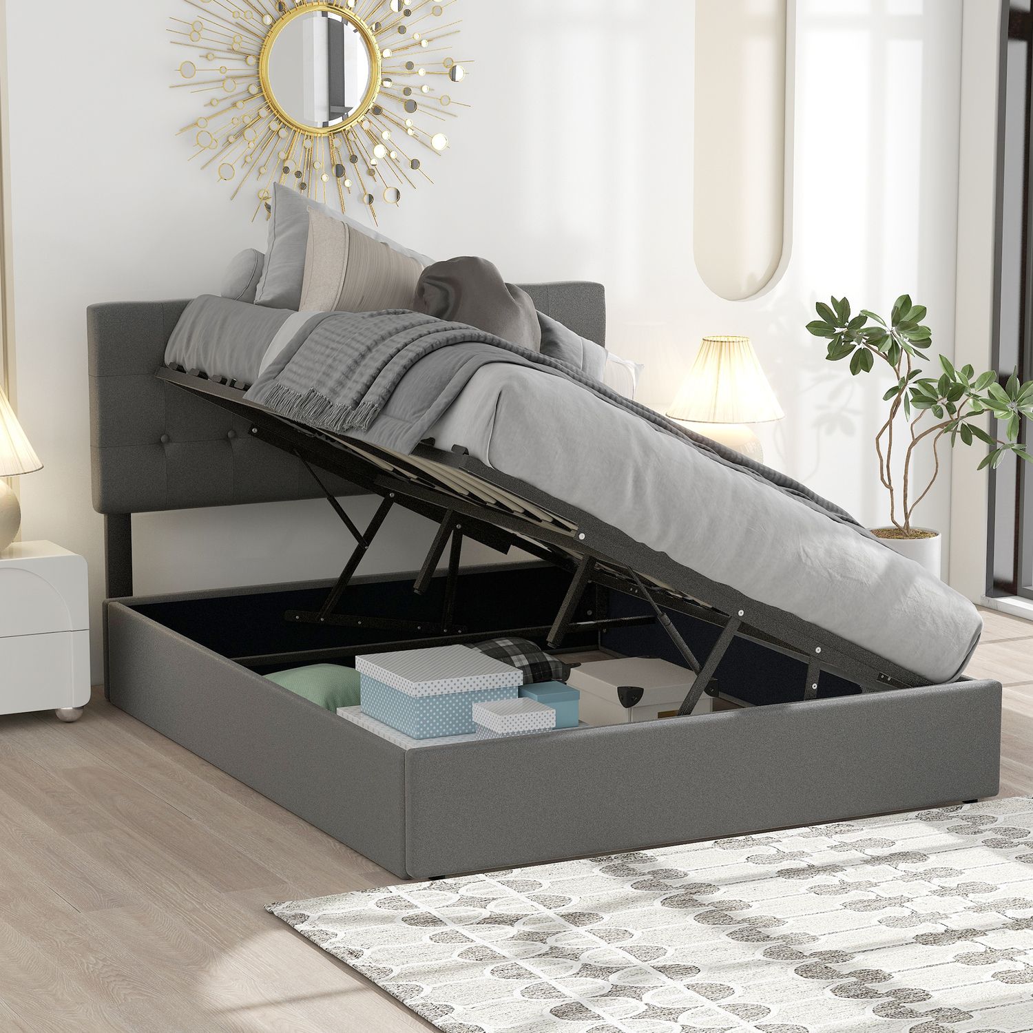 JASMODER GX001904AAE Gray Queen Composite Platform Bed with Storage