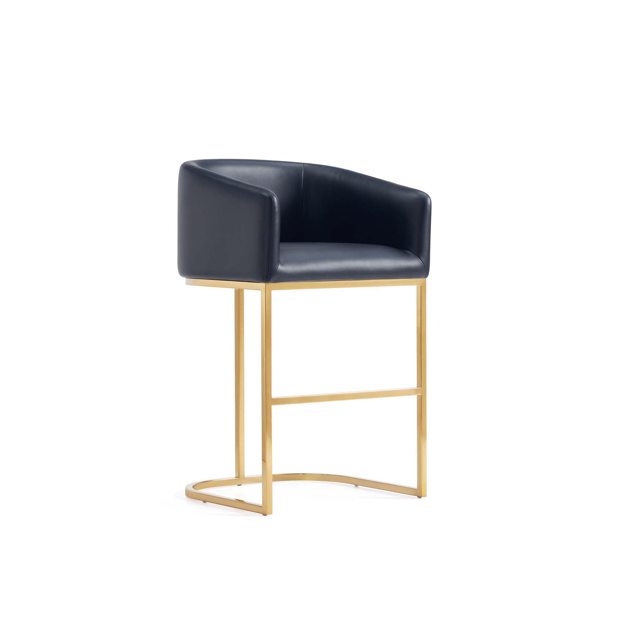 Black Leather and Gold Metal Counter Height Barstools, Set of 2