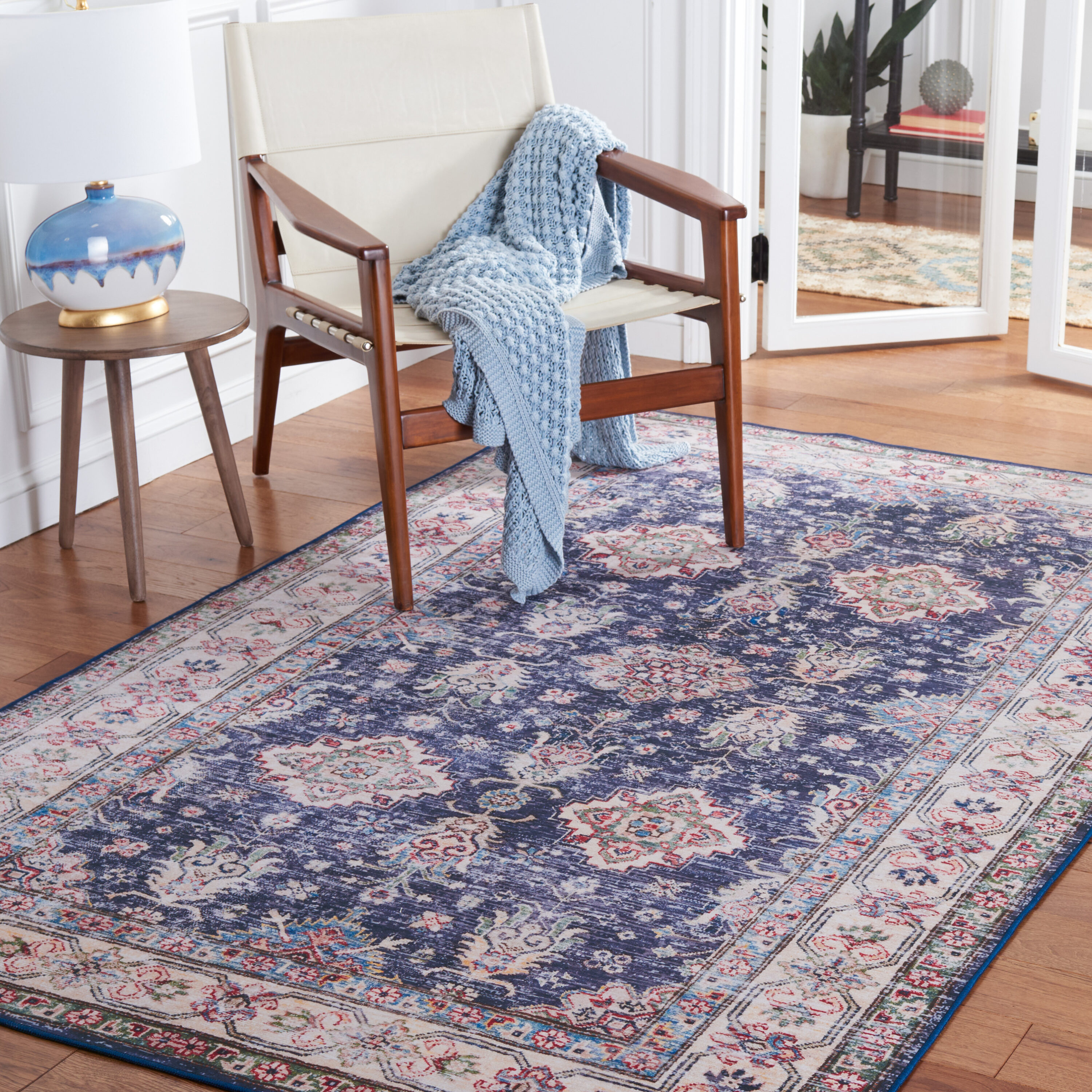 Navy and Beige 6' x 9' Synthetic Washable Area Rug