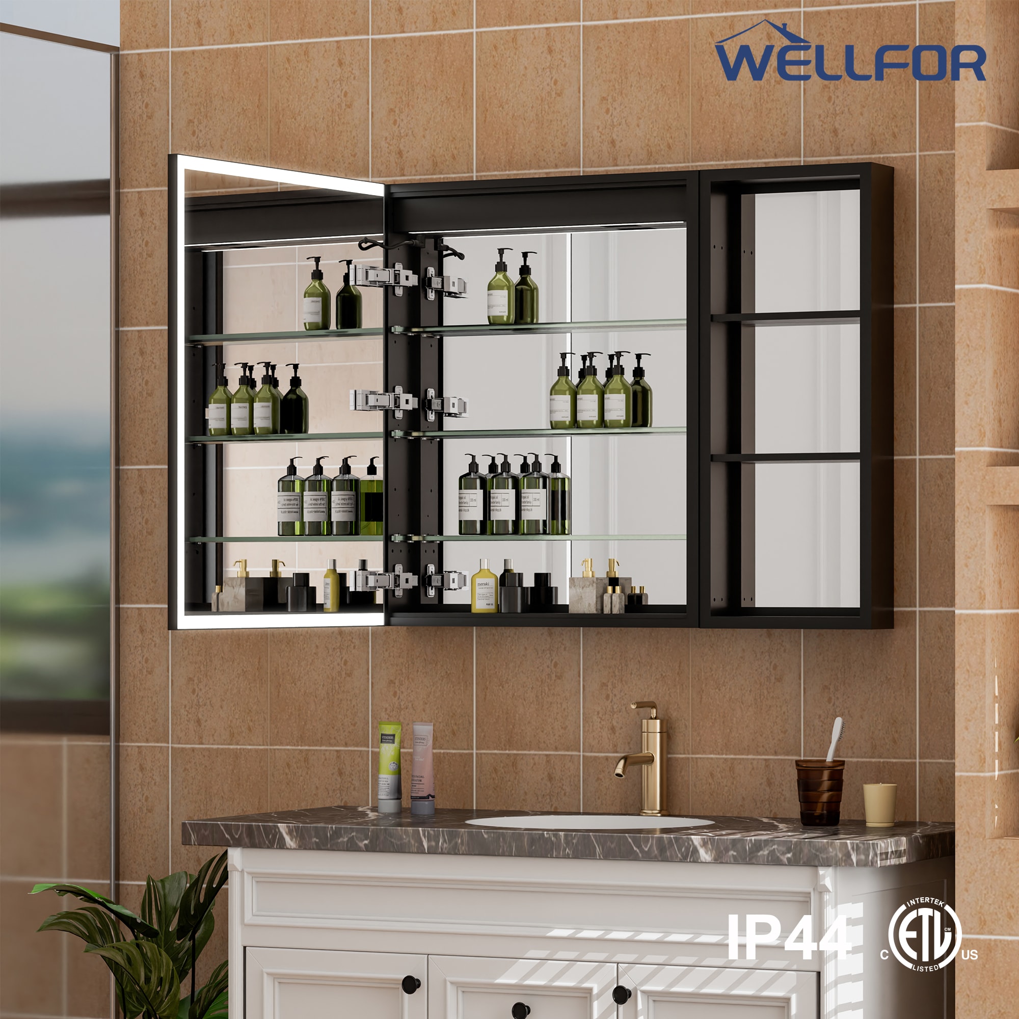 WELLFOR W12 36-in x 30-in Lighted LED Fog Free Surface/Recessed Mount Anodized Black Aluminum Mirrored Soft Close Medicine Cabinet with Outlet
