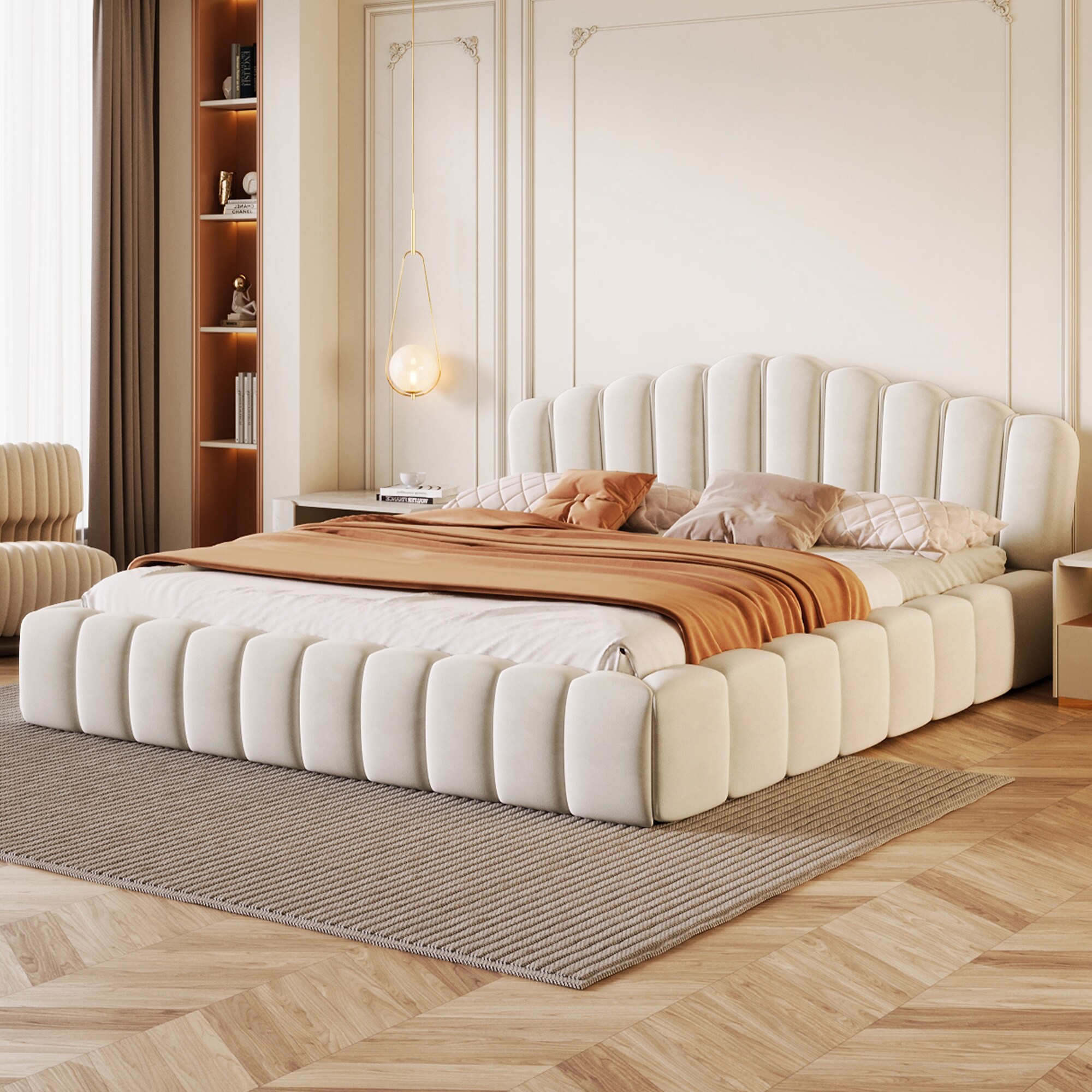 JIMSMAISON Beige Queen Wood Upholstered Bed