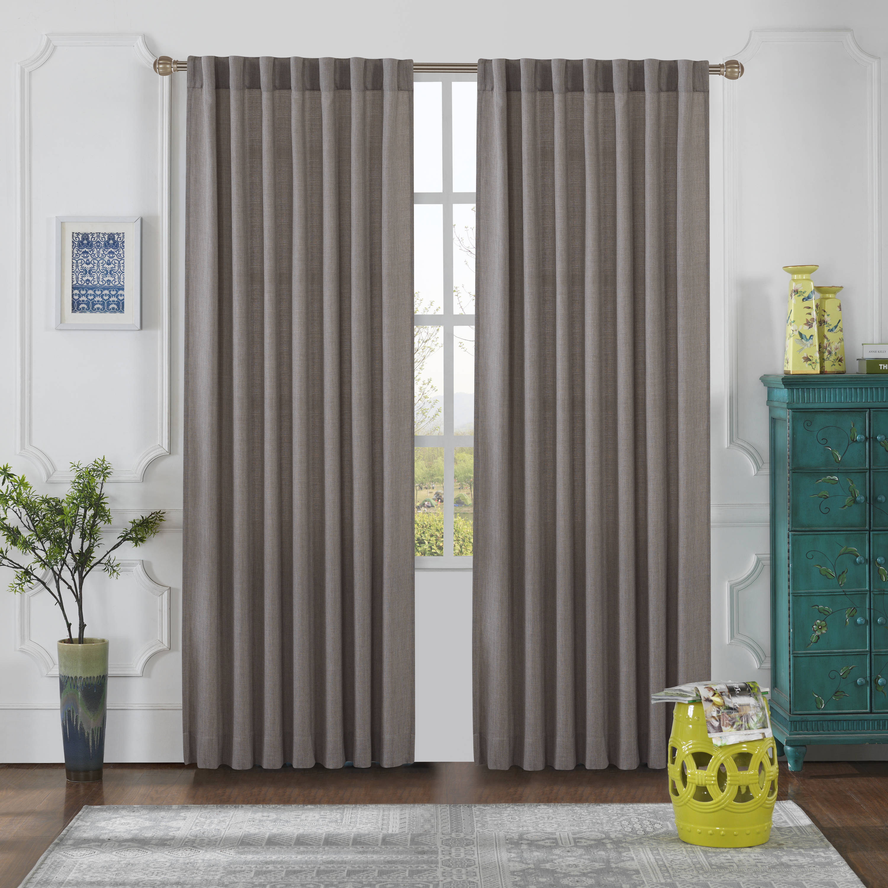  OLIVIA-V1-95-MT 95-Inches Mint Taupe Trellis Semi-sheer Grommet Single curtain panel