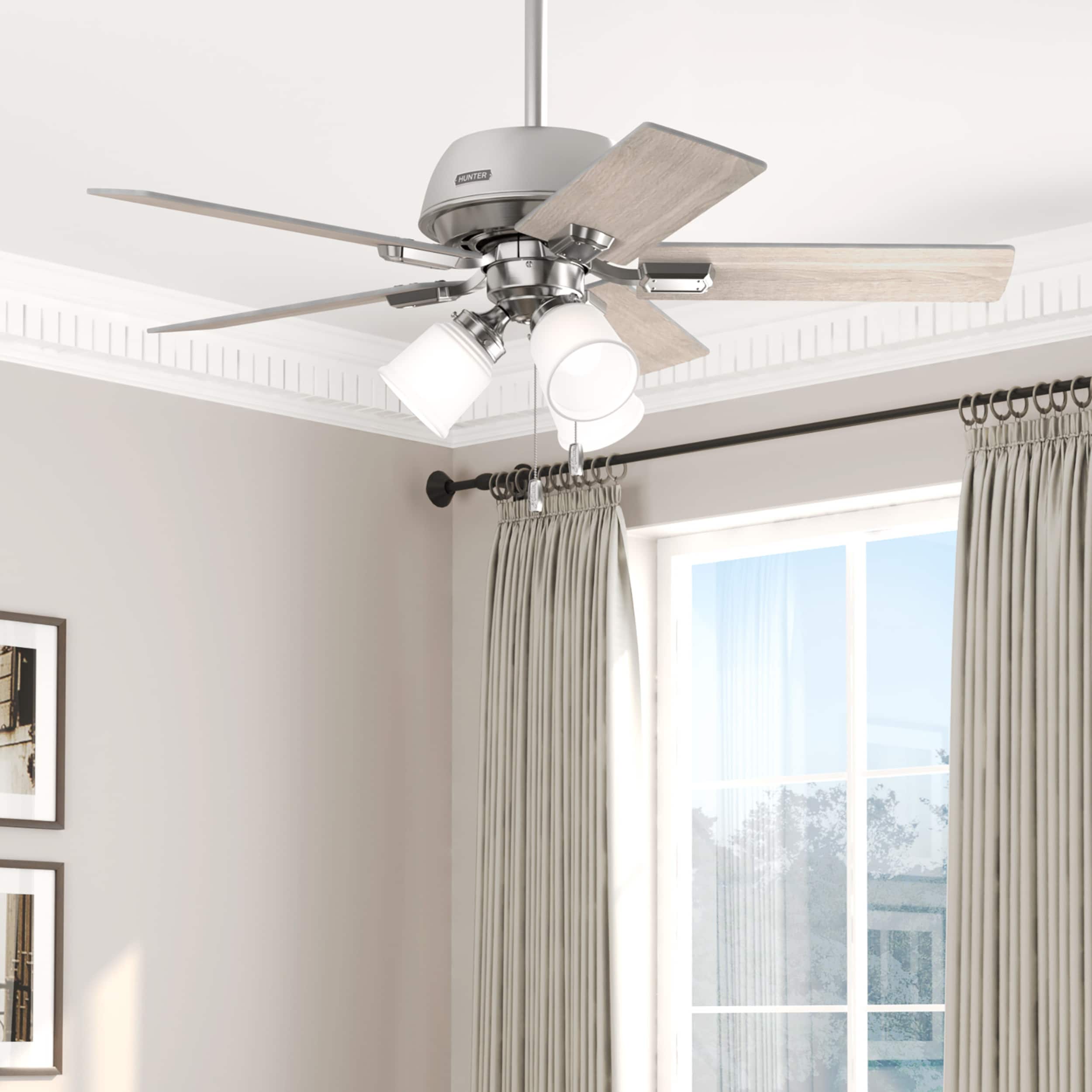Hunter 51789 Crystal Peak 44-in Outdoor Brushed Nickel with Light Gray Oak Blades Ceiling Fan With Light ( 5 -Blade )