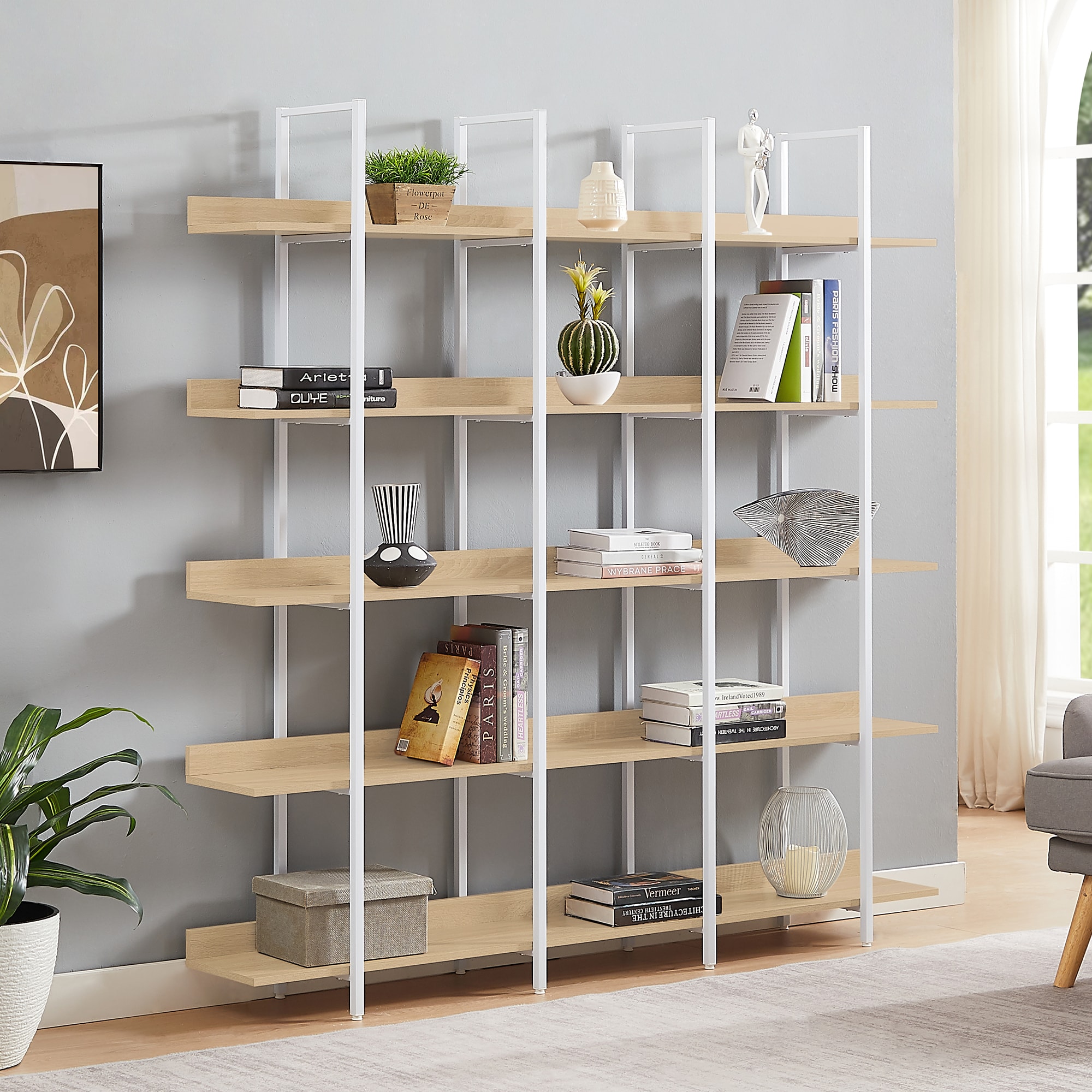 LOVMOR SF-Y-WF300935AAC 5 Tier Bookcase Home Office Open Bookshelf  Vintage Industrial Style Shelf  MDF Board  White Metal Frame  Oak