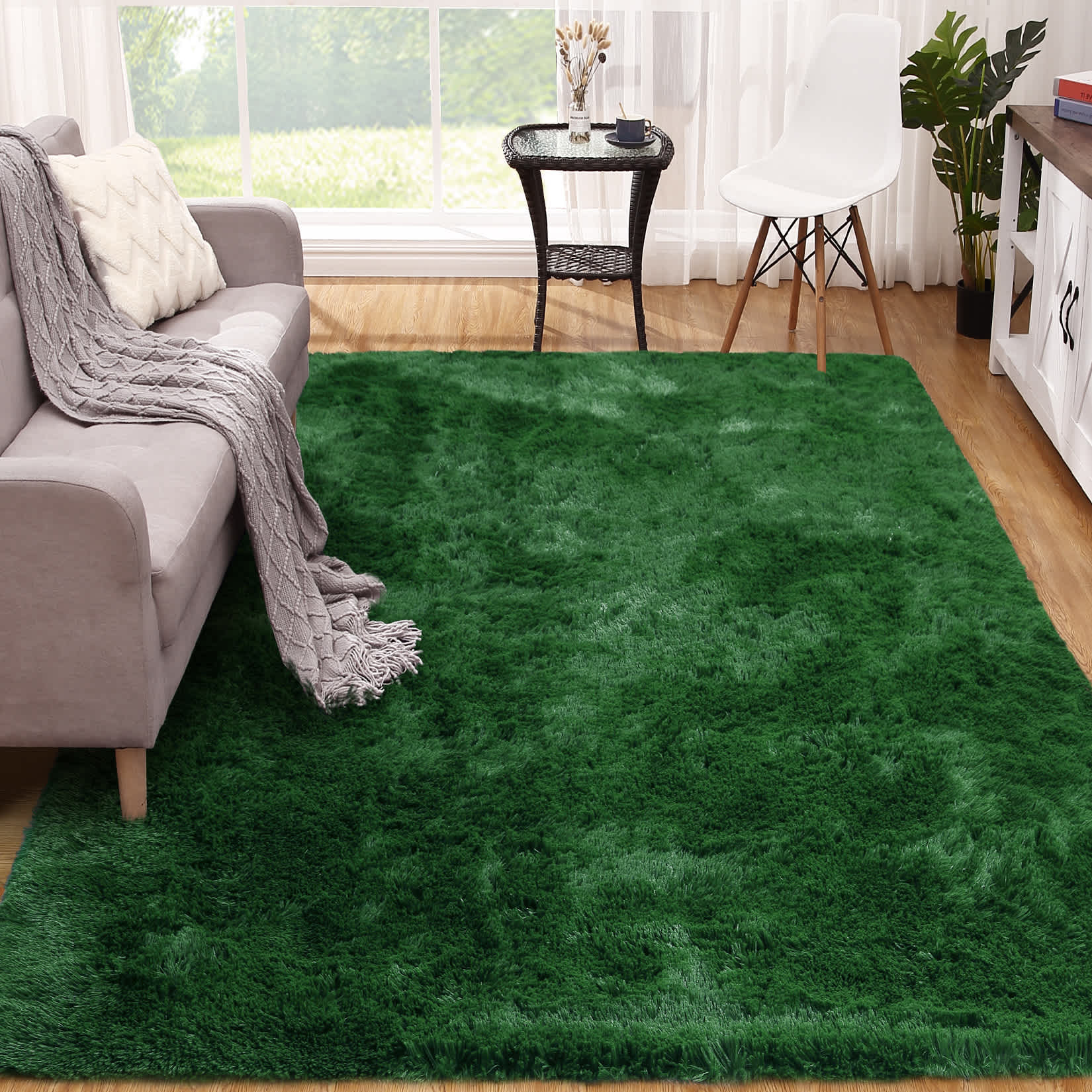 Qeetex SUNNY-PHO-0PW29LOA 6 x 9 ft Polyester Green Rectangular Indoor Solid Modern Fluffy Soft Non Slip Area Rug