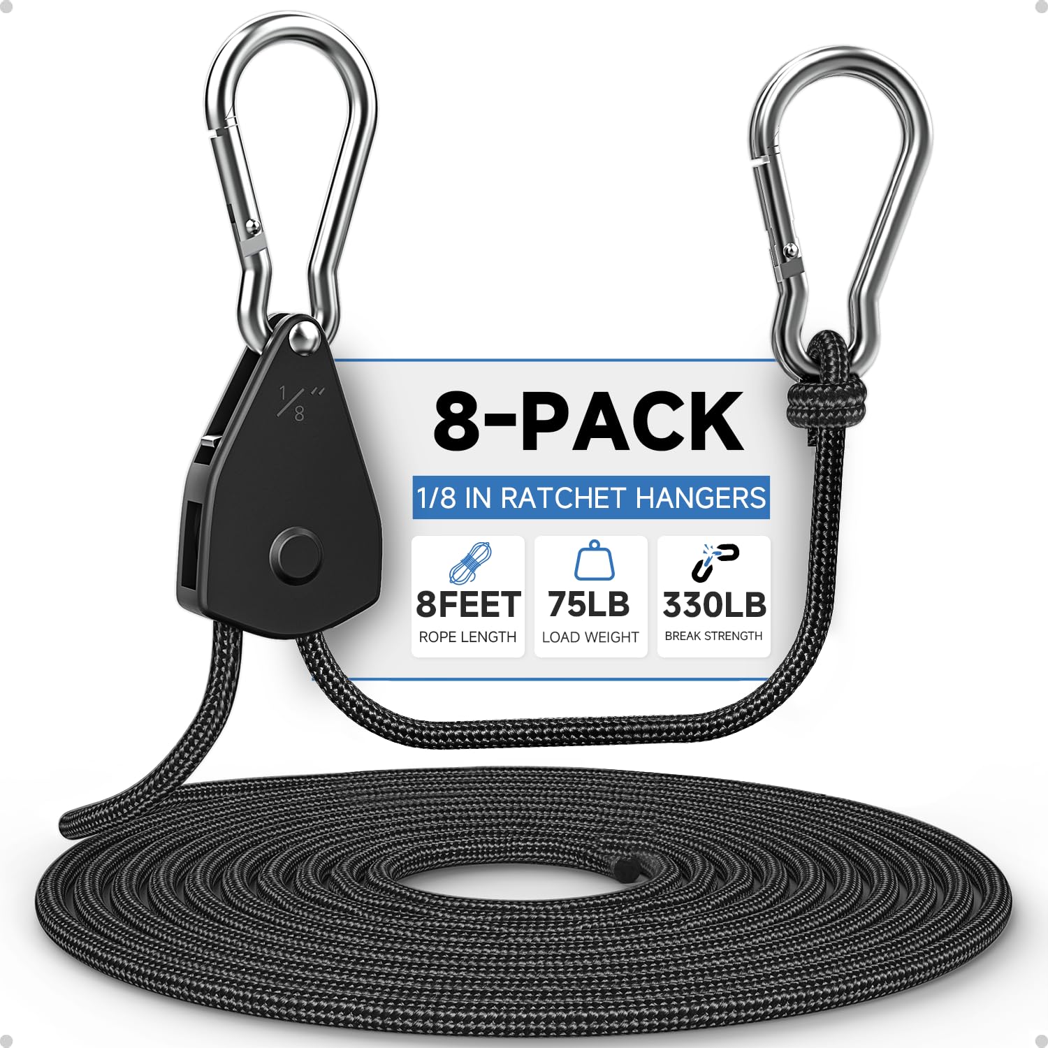 Phyfalip  Adjustable Grow Light Hangers 8 pack Heavy Duty Rope Ratchet Straps for Indoor Garden Fixtures Camping Tents Tarps Secure Hanging