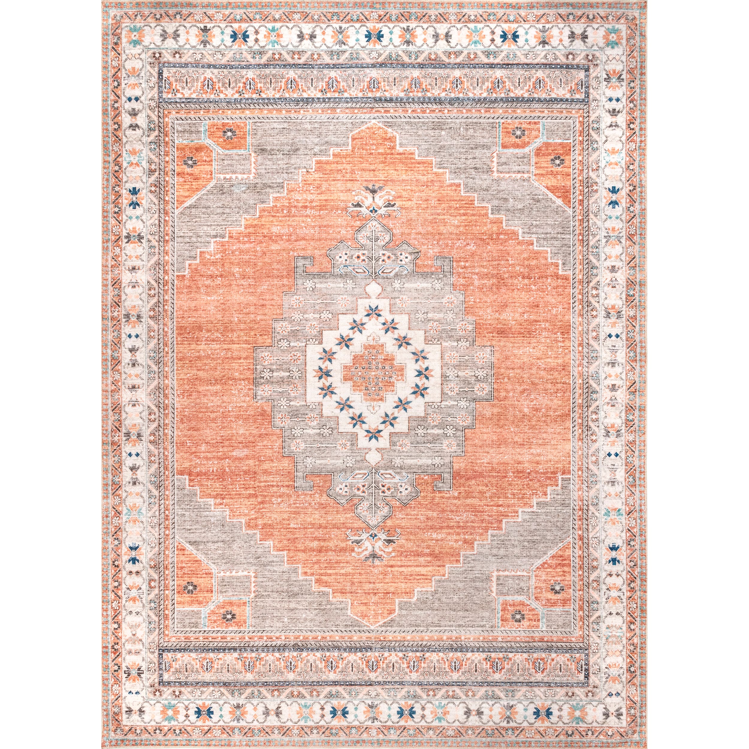 Alicia Gray and Rust Synthetic Medallion Washable 4' x 6' Area Rug