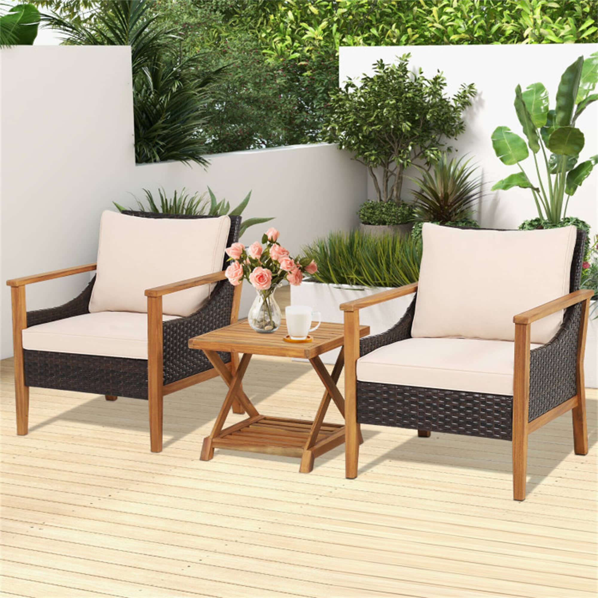 BABOOM BOM-HW70818-CO 3 -Piece Rattan Patio Conversation Set with Off-white Cushions