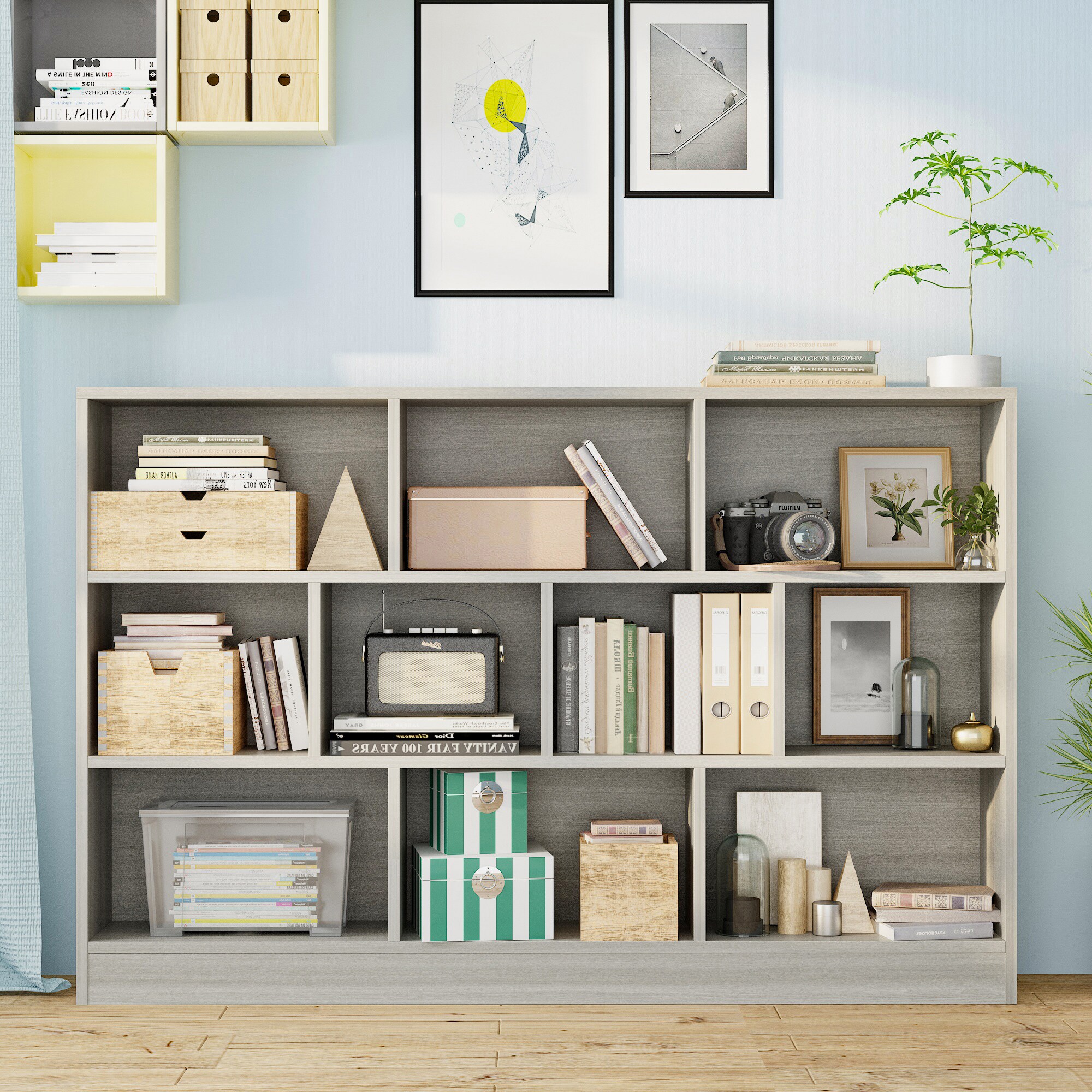 FUFU&GAGA KF210113-07 Gray Composite 3 -Shelf Bookcase ( 55.1-in W x 40.9-in H x 9.4-in D ) Finished