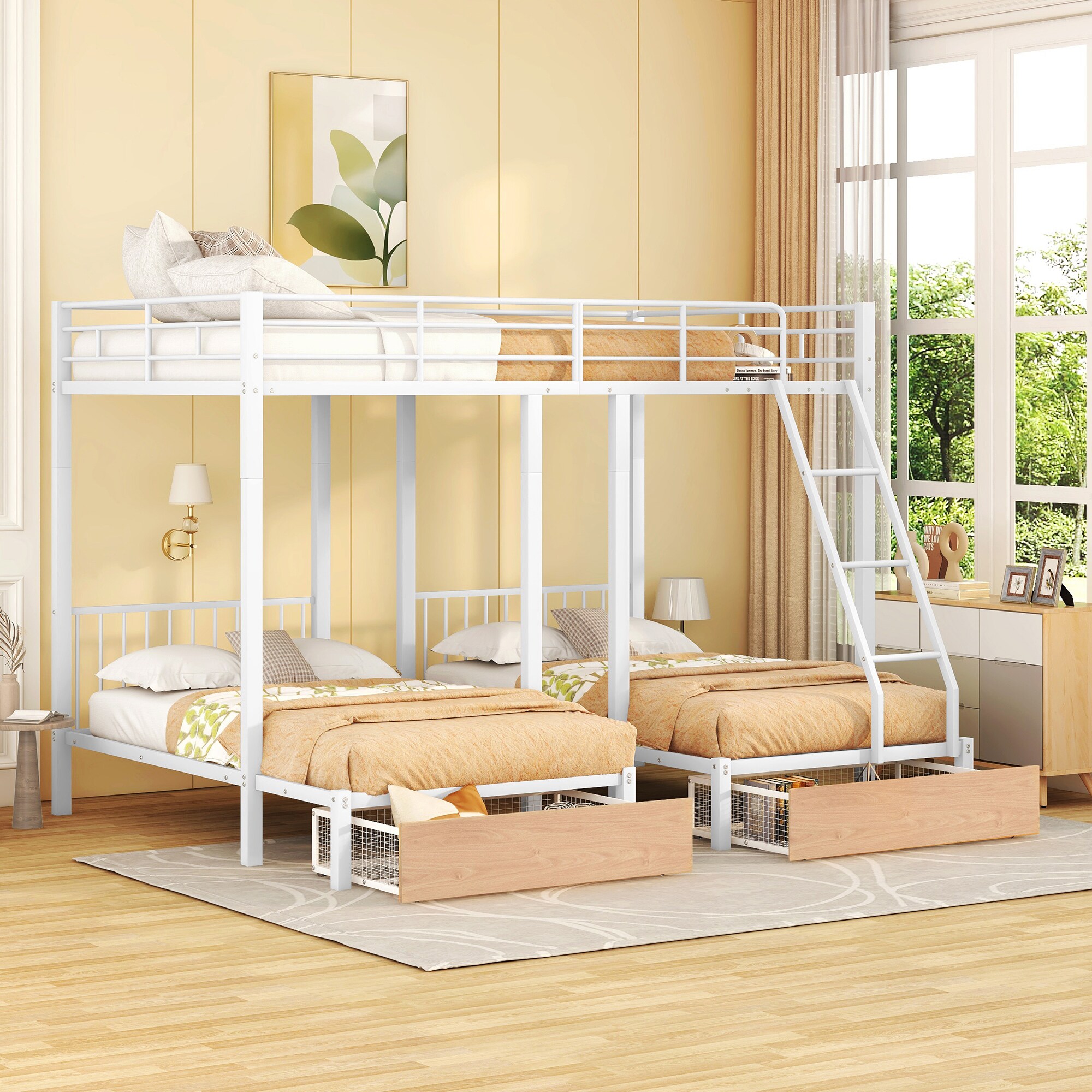 ModernLuxe LT000222AAK Full Over Twin  Twin Bunk Bed Metal Triple Bunk Bed with Drawers and Guardrails White