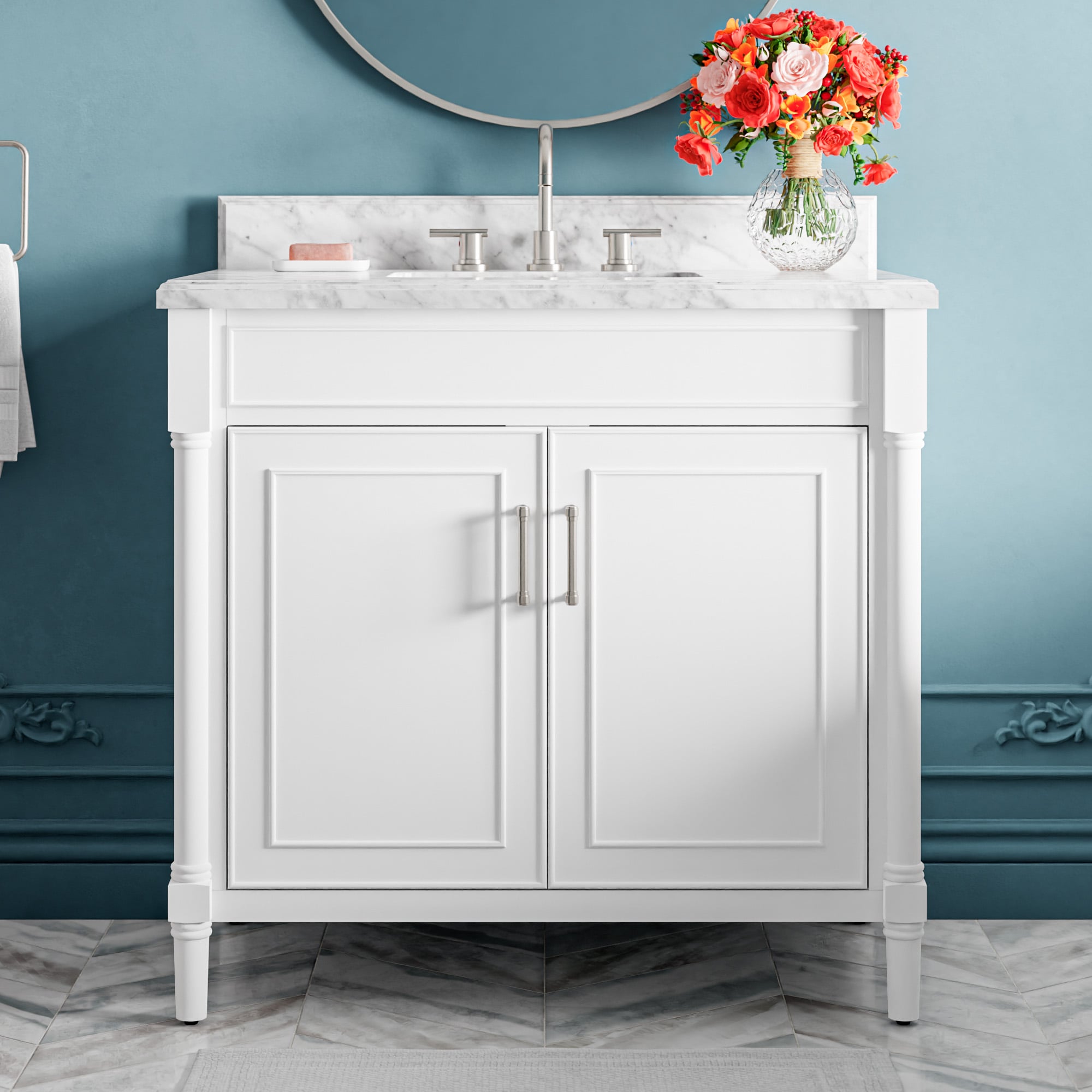 Perrella 37-in White Undermount Single Sink Bathroom Vanity with Carrara Natural Marble Top | - allen + roth 2543VA-37-342-900L