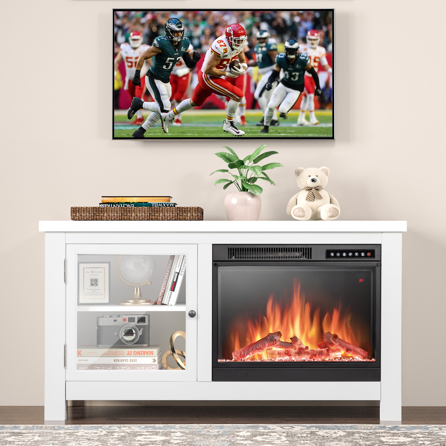 COWSAR 47.64-in W White TV Stand with Infrared Quartz Electric Fireplace LSSM2304W Sansujyuku sansujyuku.com