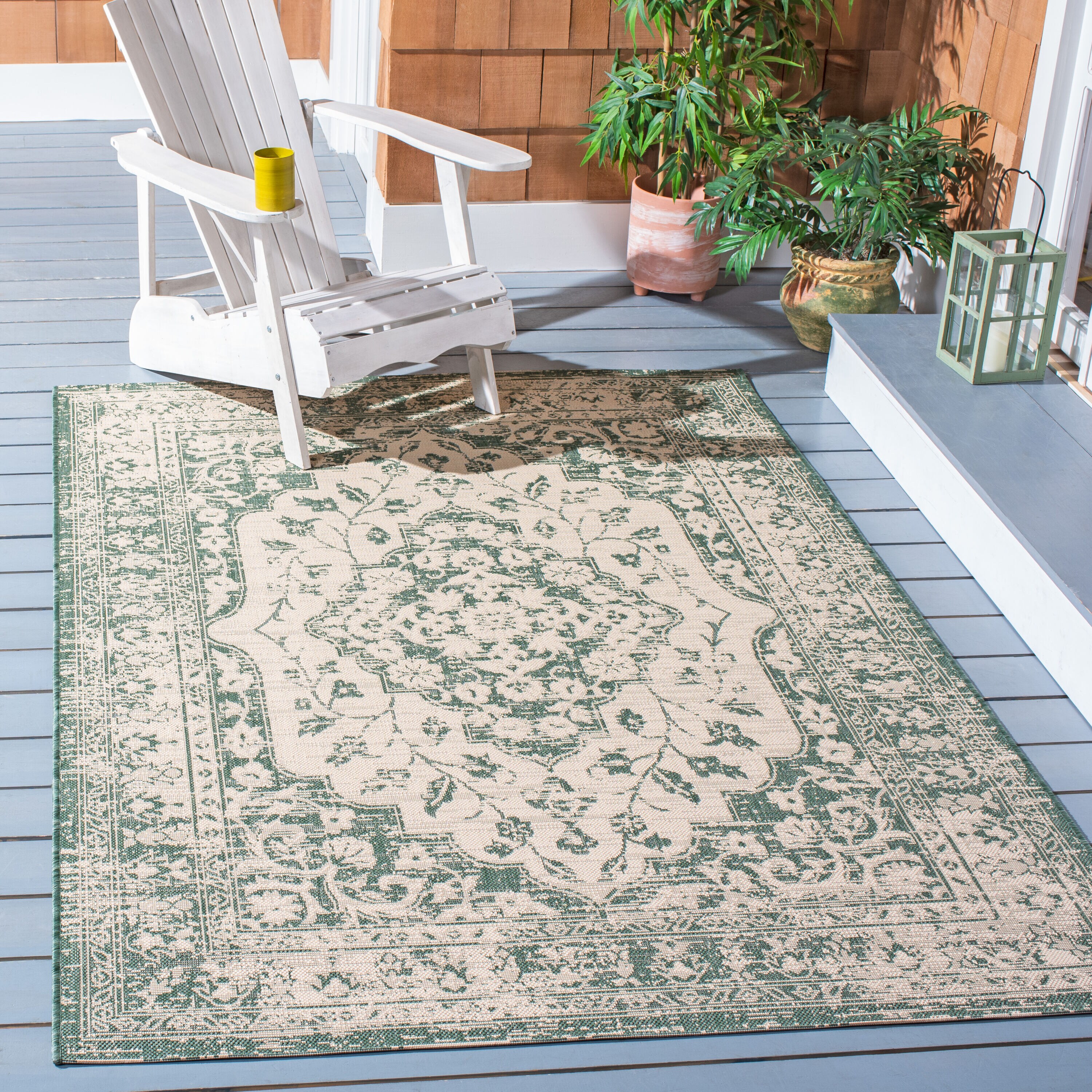Courtyard 5 x 8 (ft) Loomed Polypropylene Beige/Dark Green Rectangular Indoor Mid-Century Modern Spot Clean Only Area rug