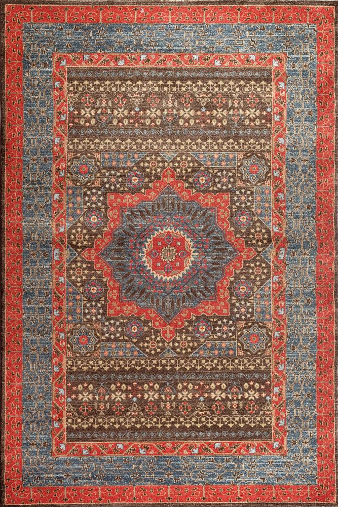 Safavid Style Red and Navy Synthetic Area Rug