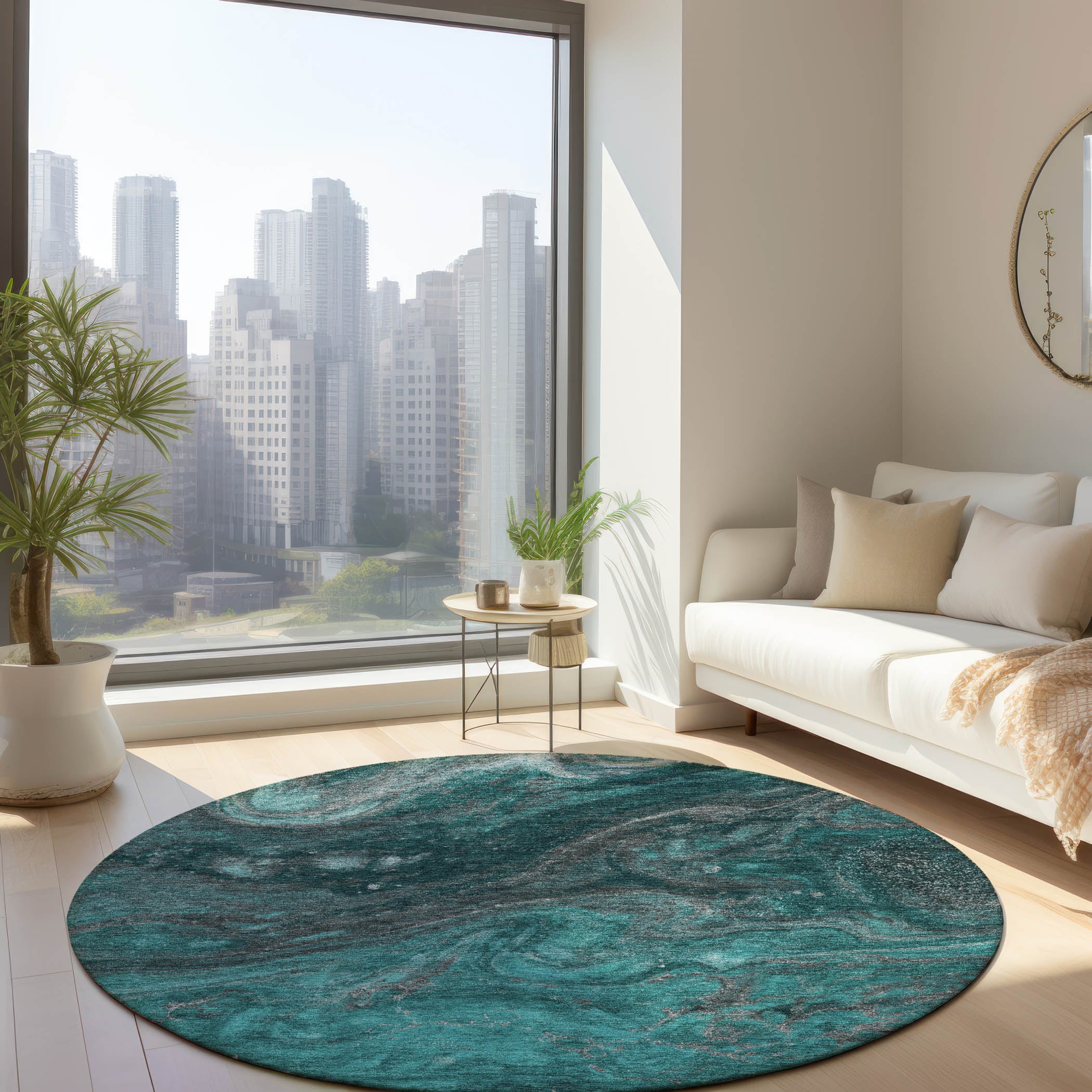 Addison Rugs ACN599TE8RO Chantille ACN599TE 8 x 8 (ft) Polyester Teal Round Indoor/Outdoor Abstract Machine washable Area rug