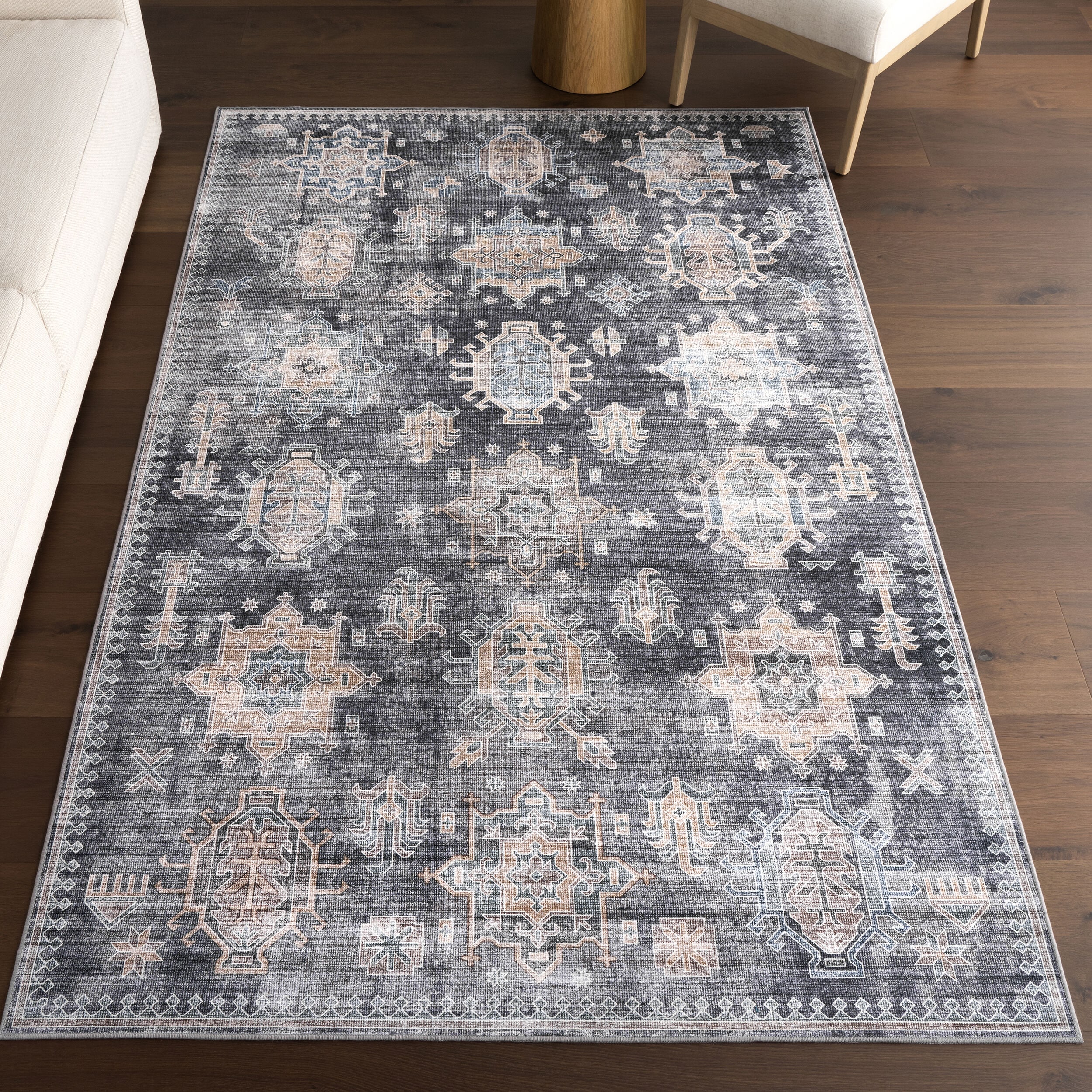 nuLOOM 200HJTH22B-406 Philomena Medallion SplashGuard Machine Washable 4ft. x 6ft. Charcoal Area Rug