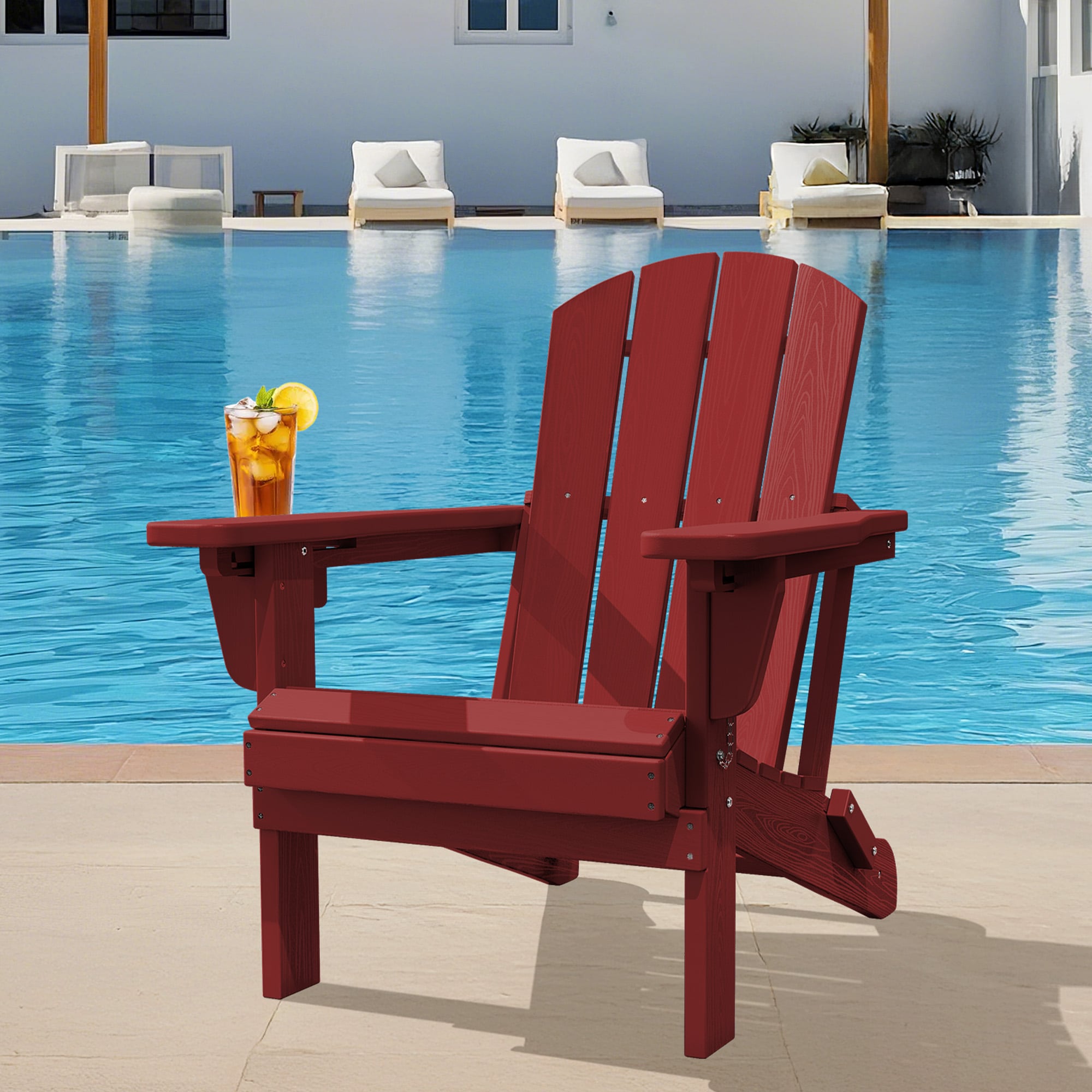 JEAREY PECGTJY-DR HDPE Patio Folding Adirondack Chair with Cup Holder Dark Red HDPE Frame Stationary Adirondack Chair with Slat Seat