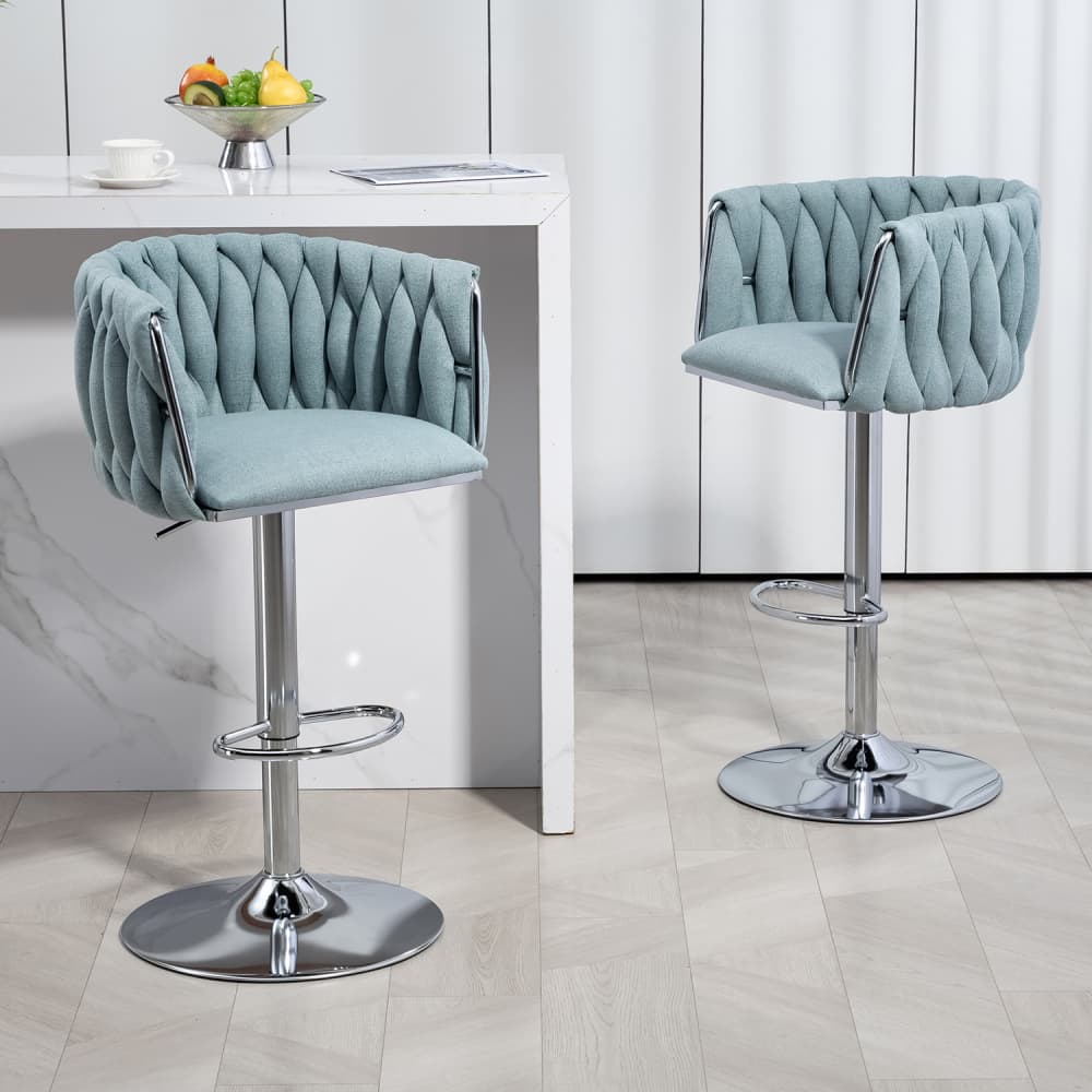 Maison Boucle KIAN-BAR-BLUE Set of 2 Blue Adjustable Counter Height Bar Stools with 360 Swivel Fabric Upholstery for Kitchen