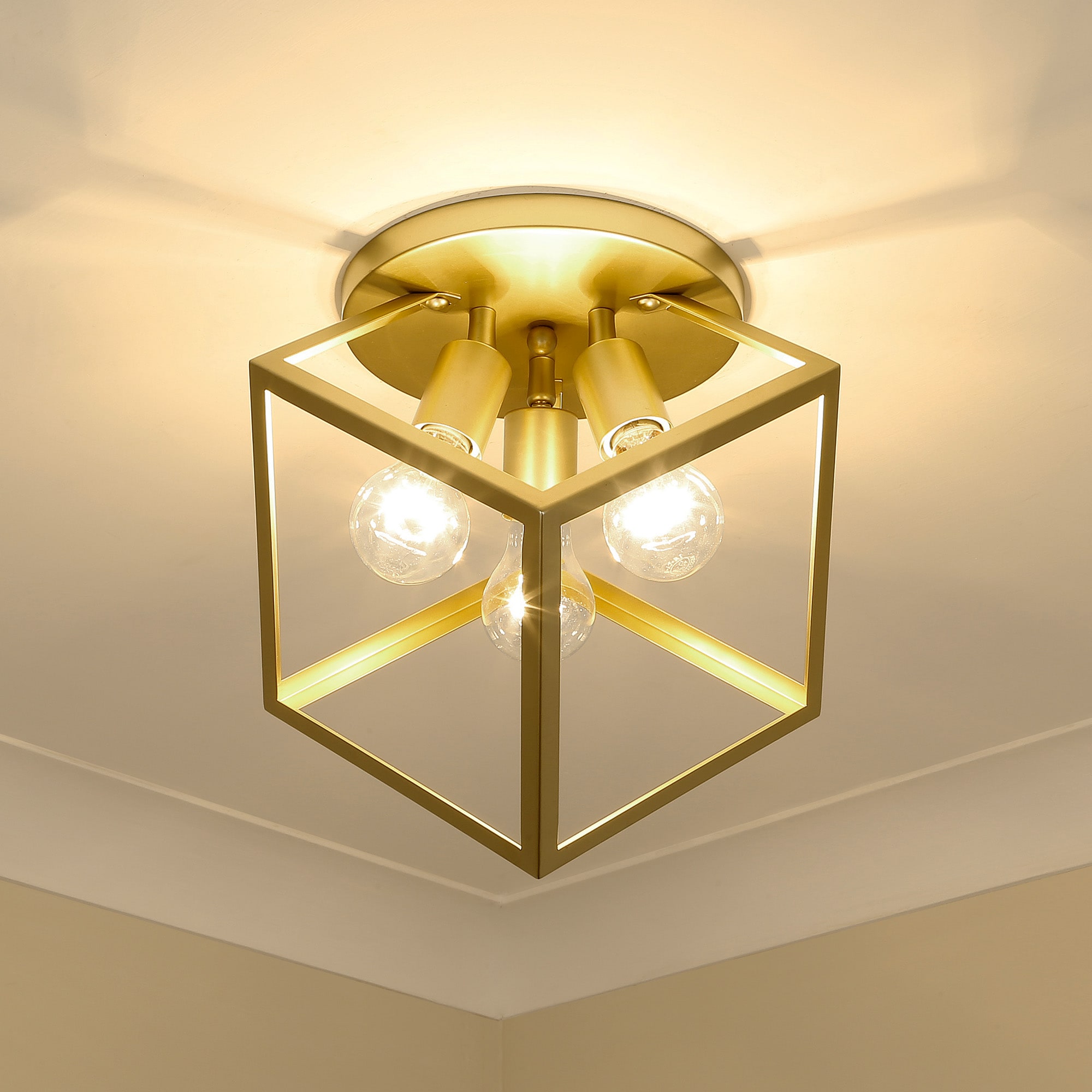 Olympic Gold Geometric Glass 3-Light Semi-Flush Mount