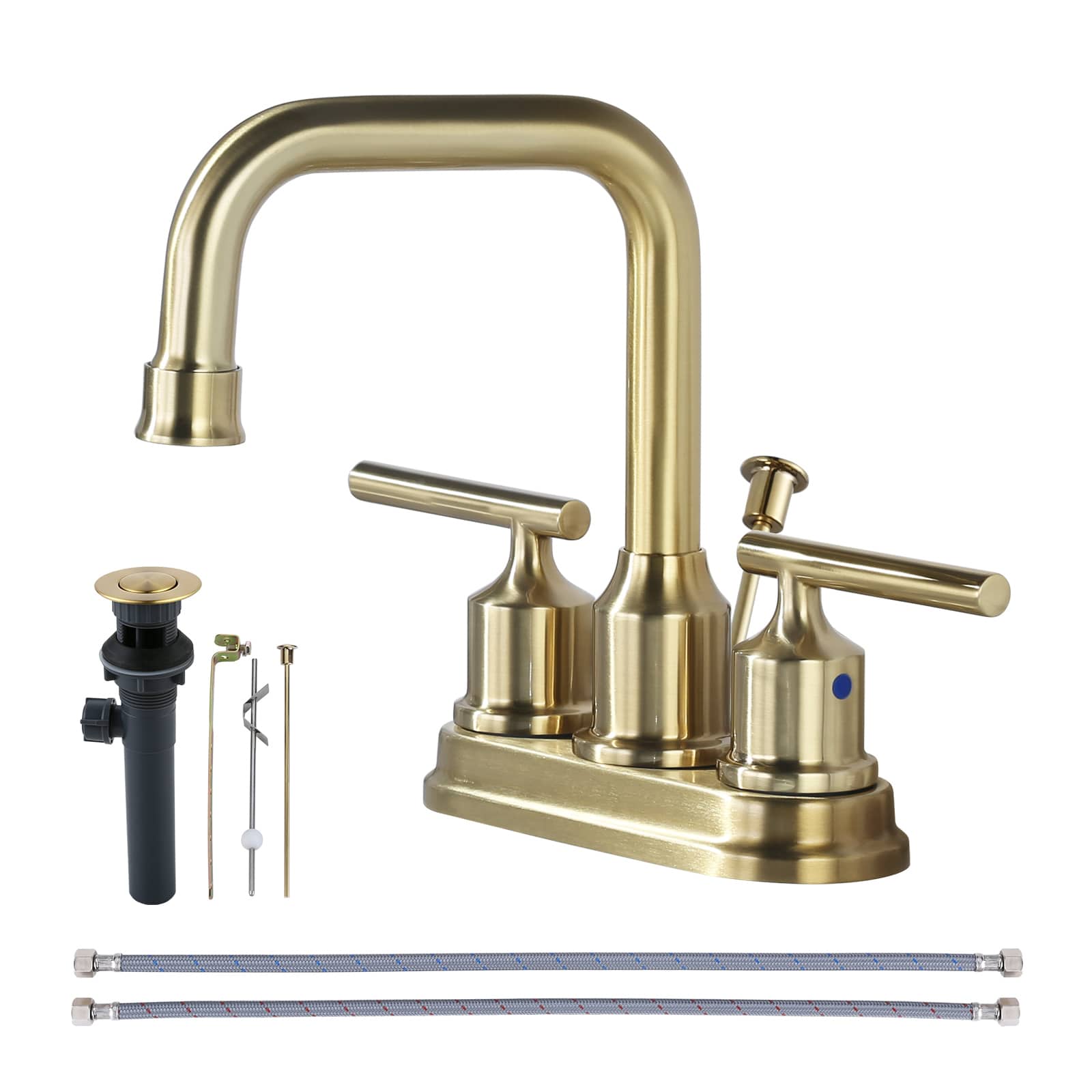 ALEASHA 4-in Centerset Double Handle Bathroom Faucet with Swivel Spout and Lift Rod Drain and Supply Lines in Gold