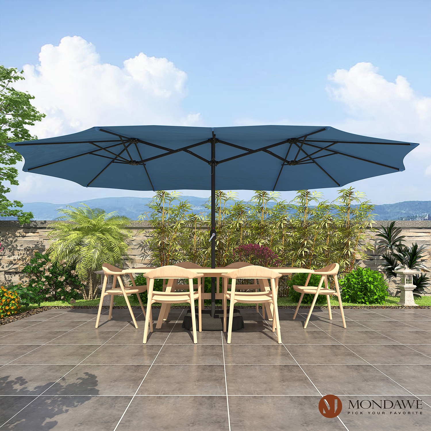 Mondawe 79BE-HY 15-ft Steel Blue Garden Patio Umbrella with Base