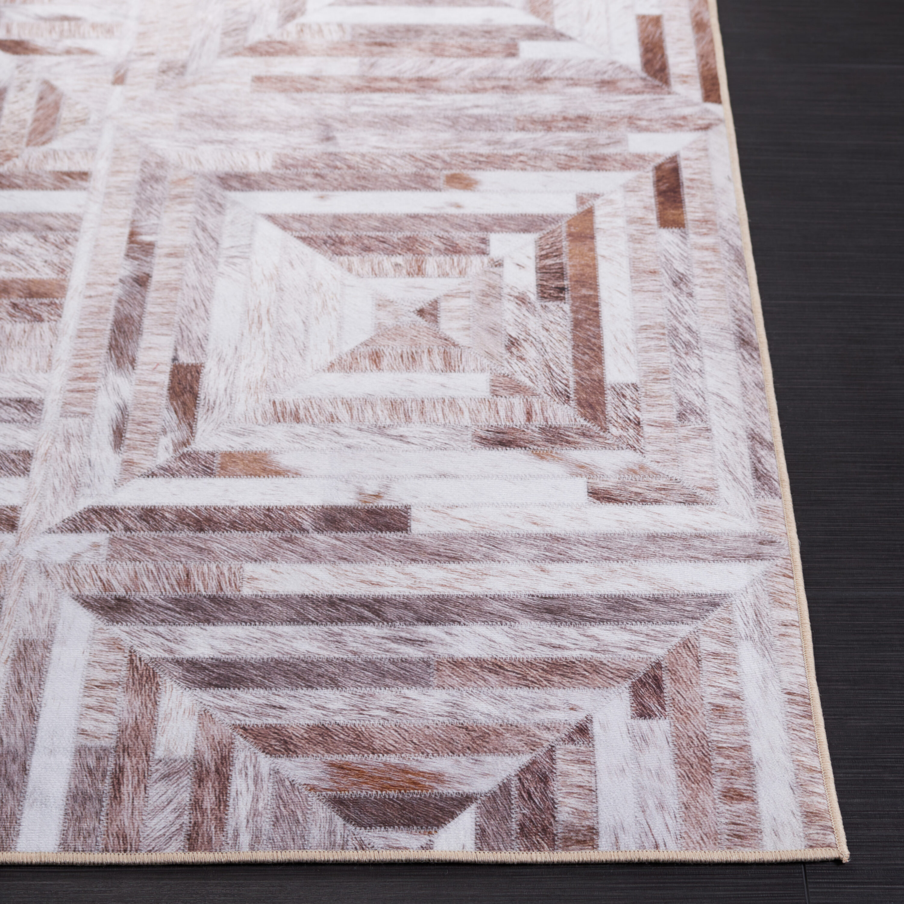 Beige and Brown Geometric Faux Fur 9' x 12' Rug