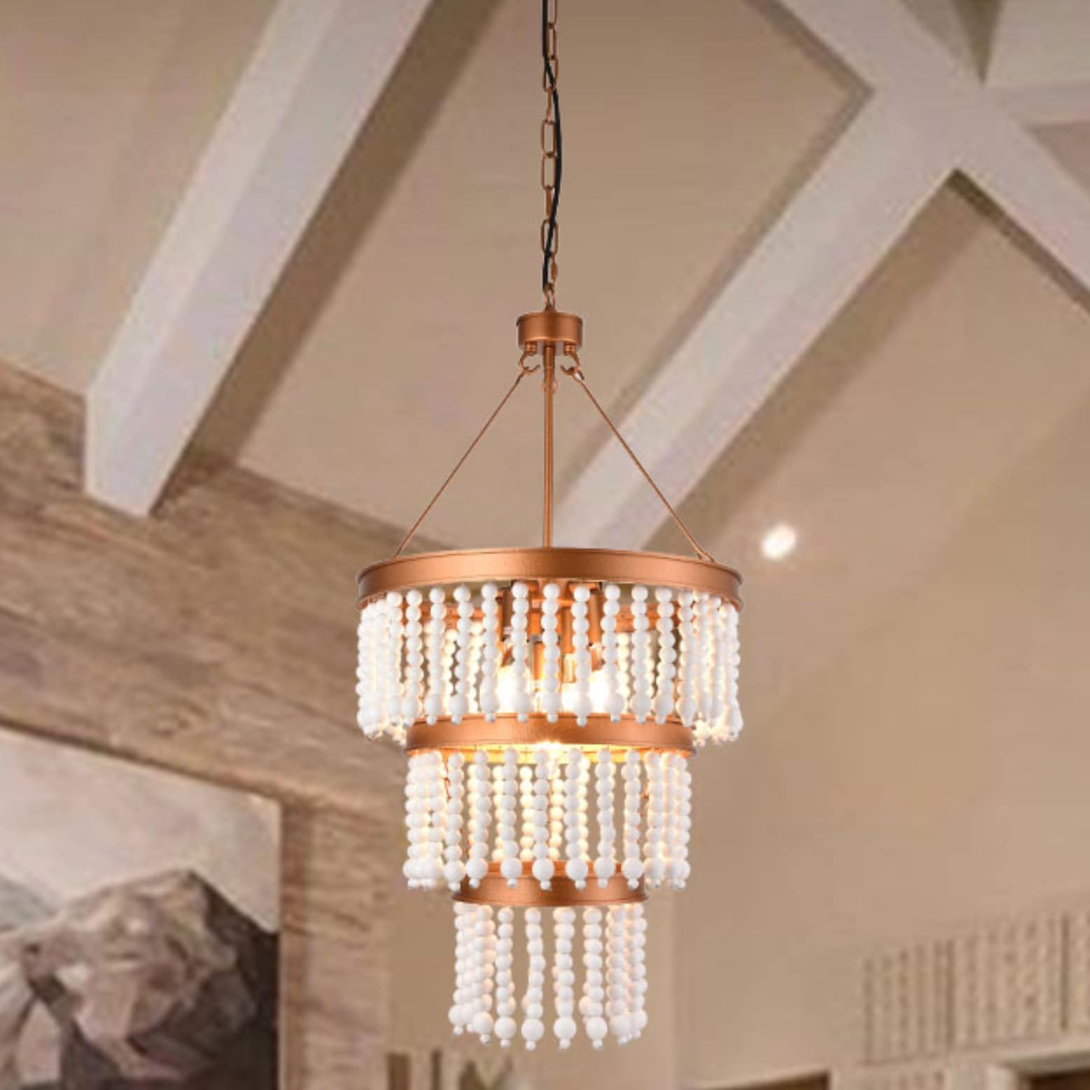 Oukaning HG-HCXLST-6531-US Bohemian Style 5 -Light 15.7-in White Wood Bead Gold Bohemian/global Geometric Medium Hanging Pendant light