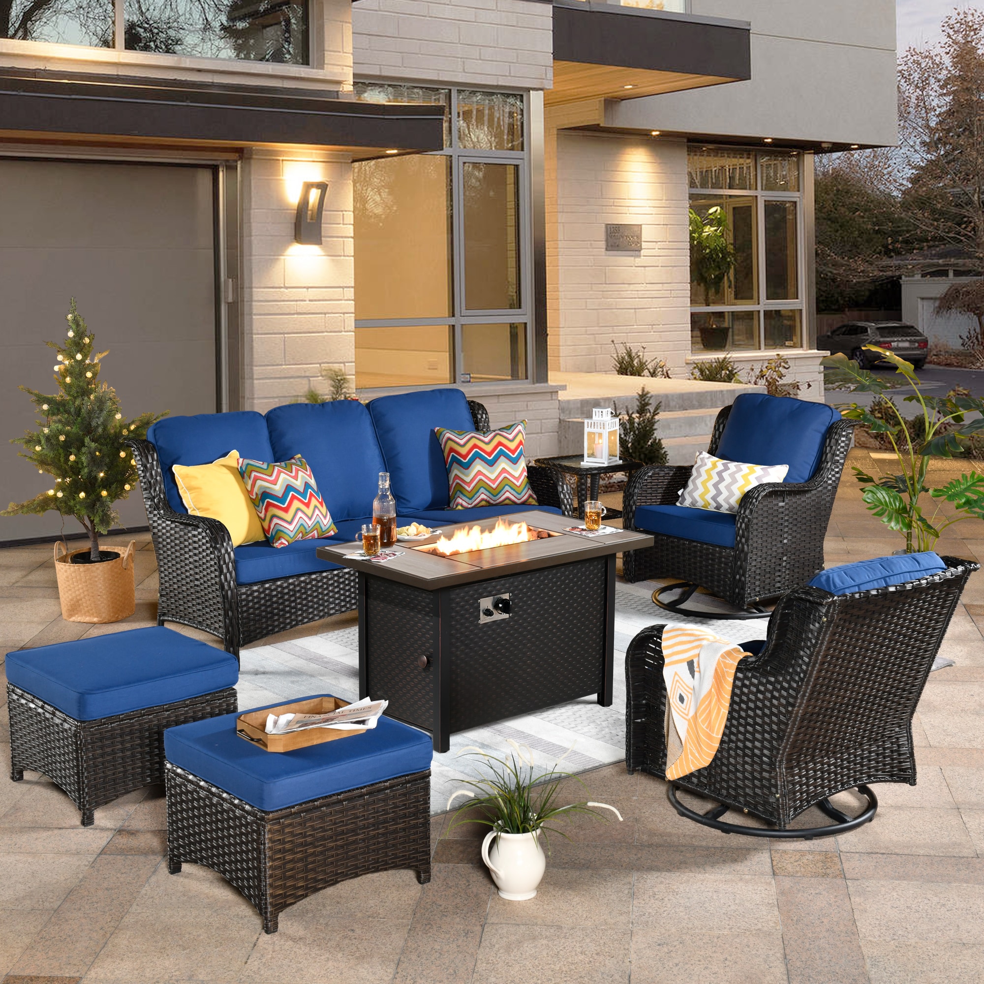 XIZZI XCTRC7174-IFP Vesta 7 -Piece Rattan Patio Sofa Conversation Set with Navy Cushions