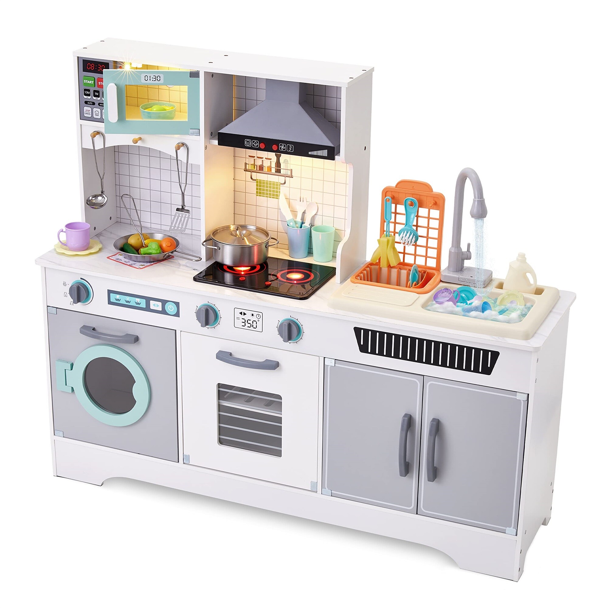 Jumbl Kids Kitchen Playset - Pretend Kids Wooden Kitchen with Washer/Dryer - Sink and More - Grey