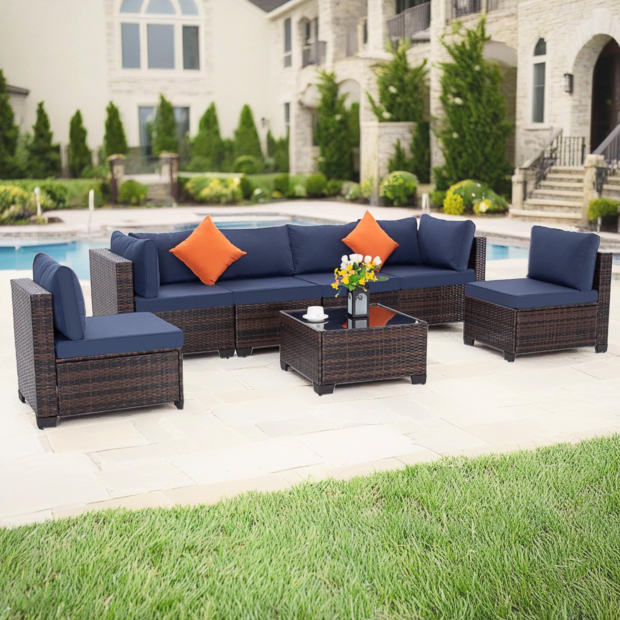EarlGrove DJ-247002BRBL 7 -Piece Wicker Patio Conversation Set with Blue Cushions