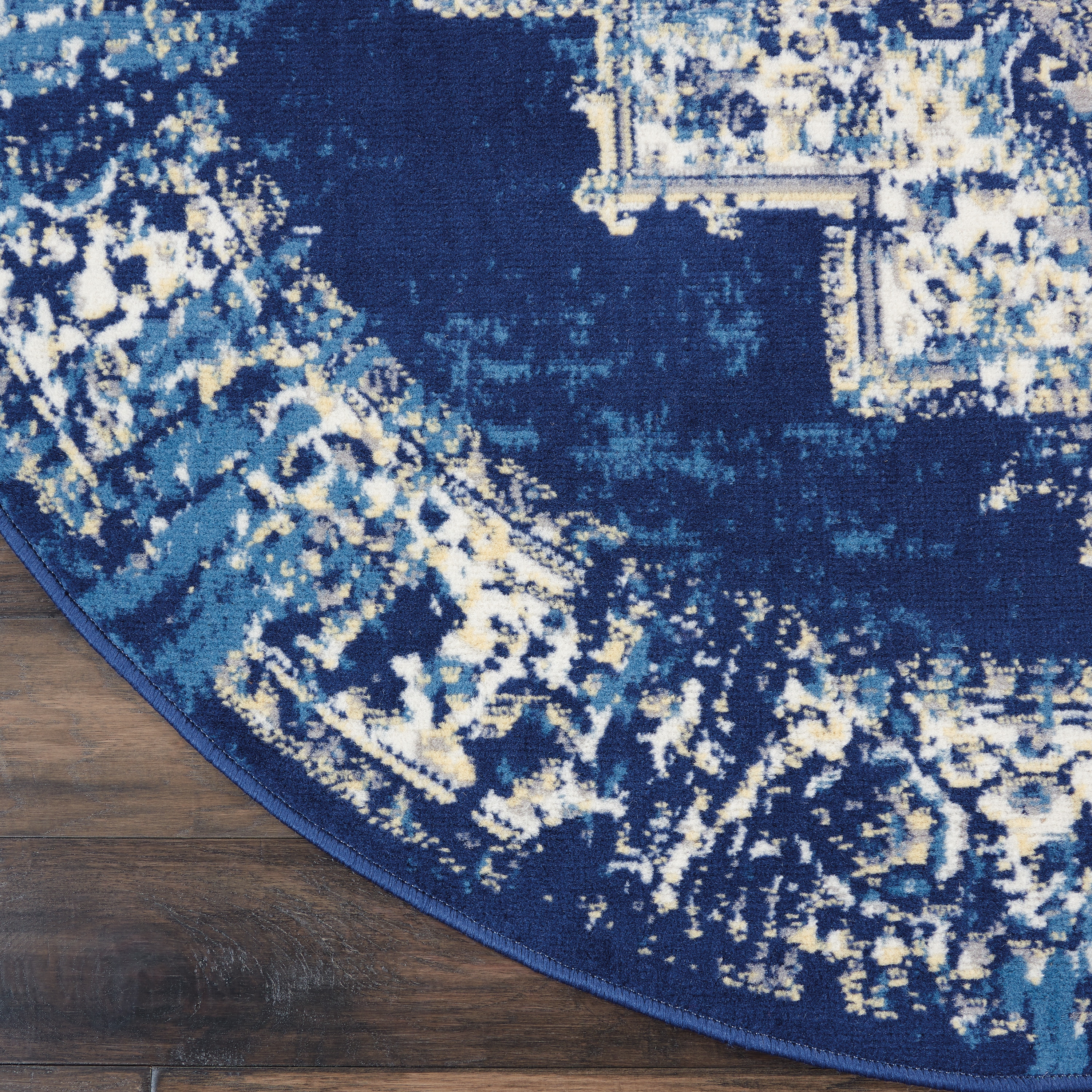 Navy Blue Round Medallion Synthetic Traditional Rug