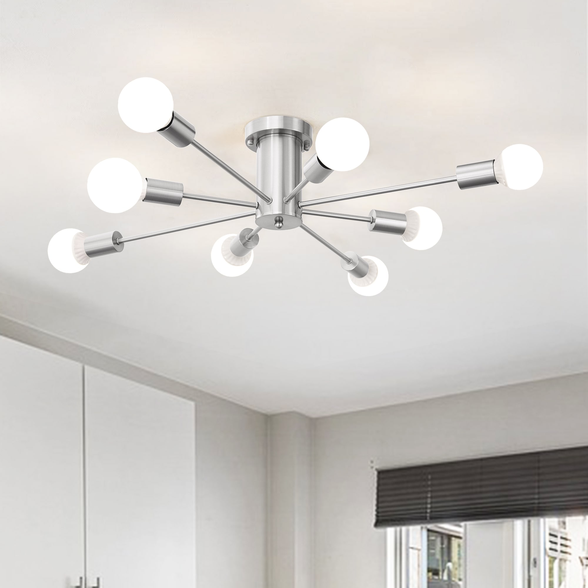 Zjvaive 8-Light 30.07-inch Modern Sputnik Nickel Semi Flush Mount Light for Multiple Spaces