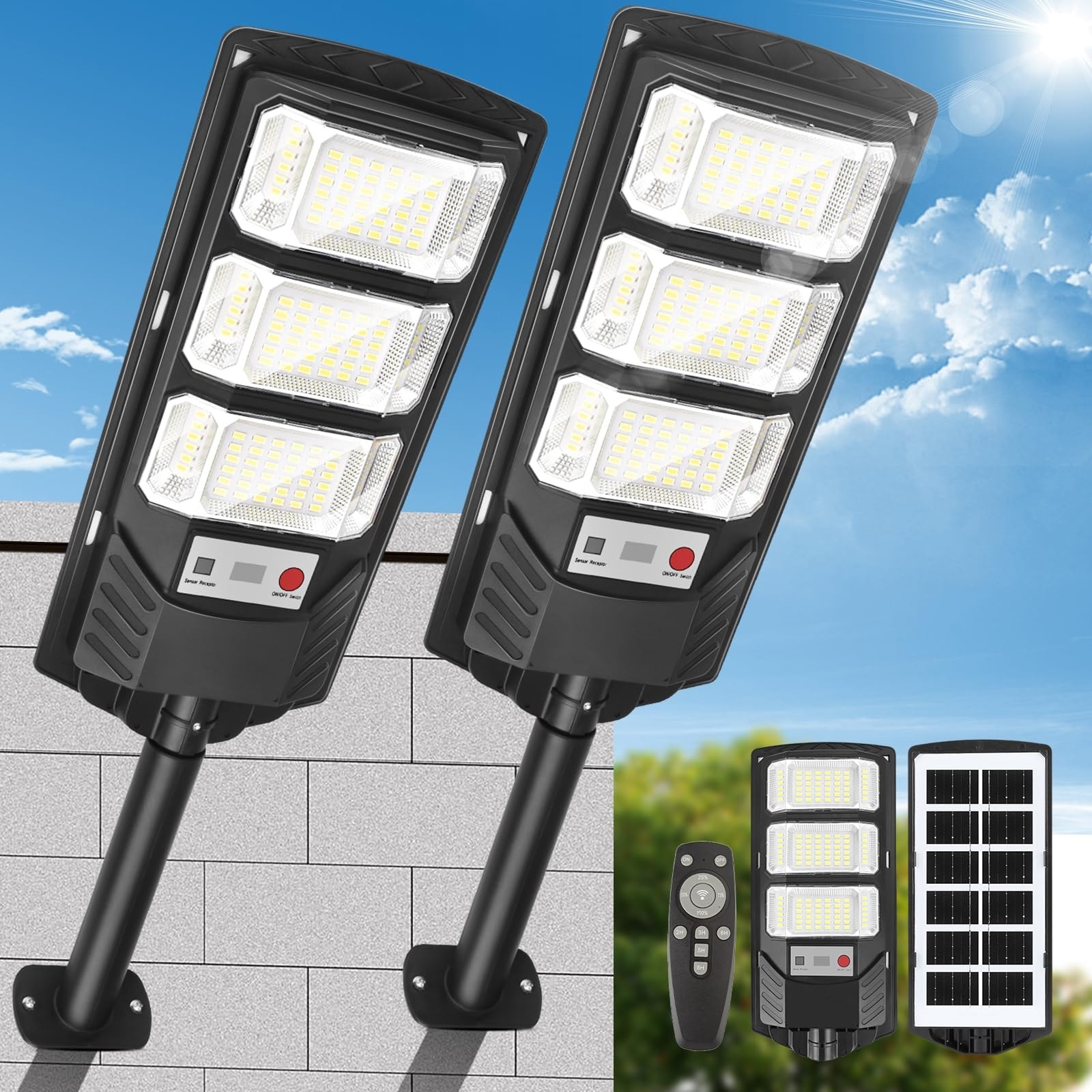 Lukvuzo  2 Pack Solar Outdoor Flood Lights Motion Sensor LED 6500K 144 Beads Waterproof IP65 Remote Wall Mount for Yard Parking Dusk to Dawn