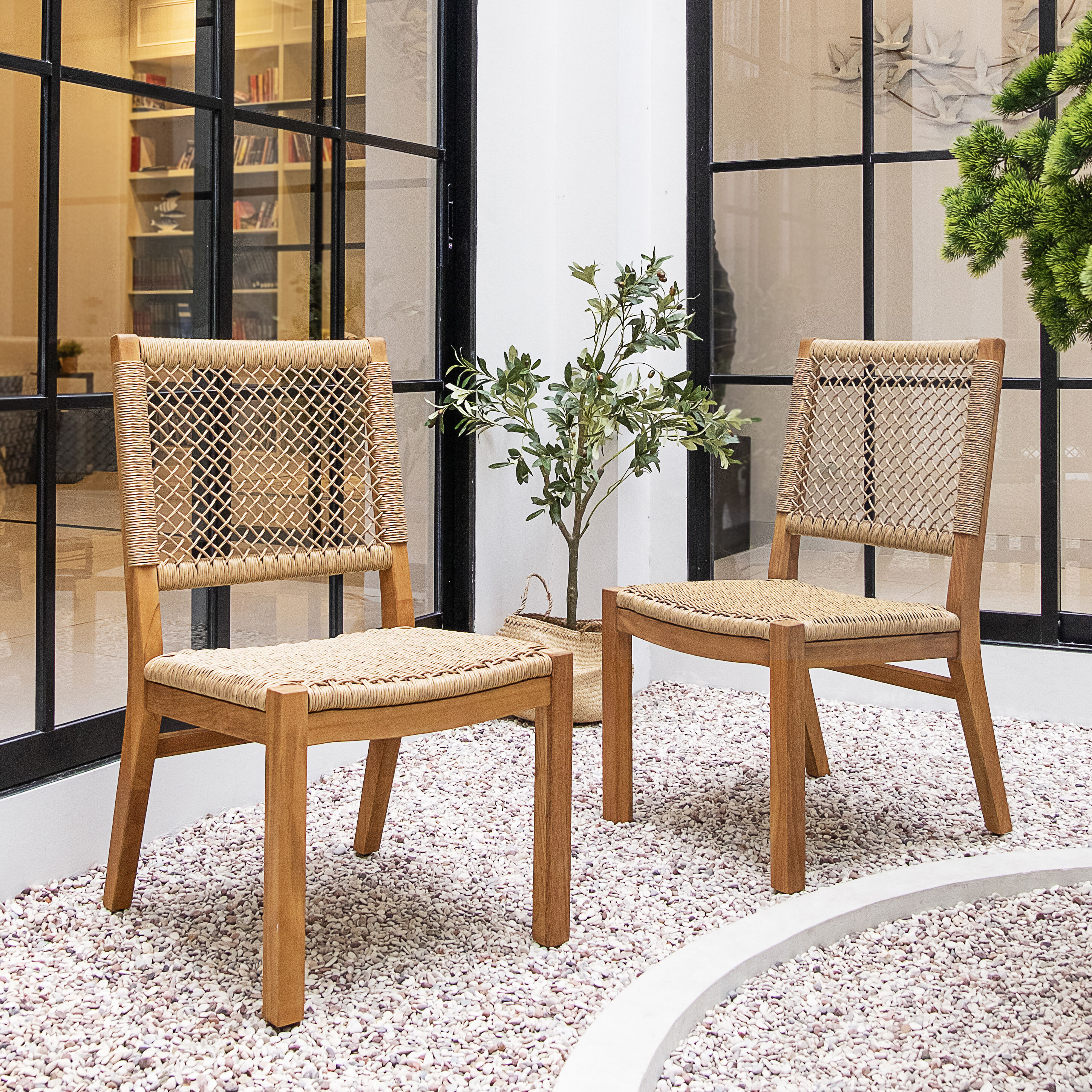 Cambridge Casual 111561-TW-XX-XX-HT Charlotte Set of 2 Woven Natural Teak Wood Frame Stationary Dining Chair with Woven Seat