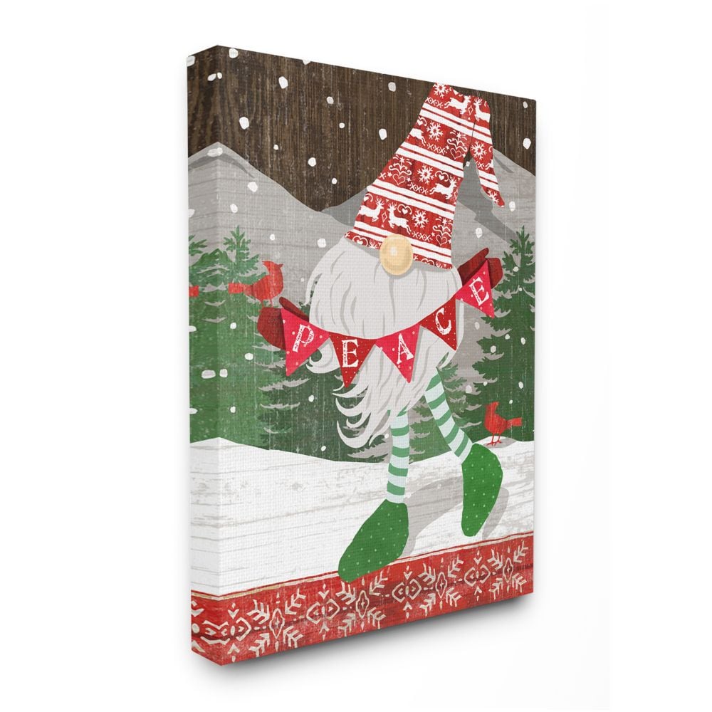 Stupell Industries AB-685-CN-16X20 Festive Winter Gnome with Holiday 'Peace' Detail Andrea Tachiera Gallery Wrapped Canvas 20-in H x 16-in W Novelty Canvas Print