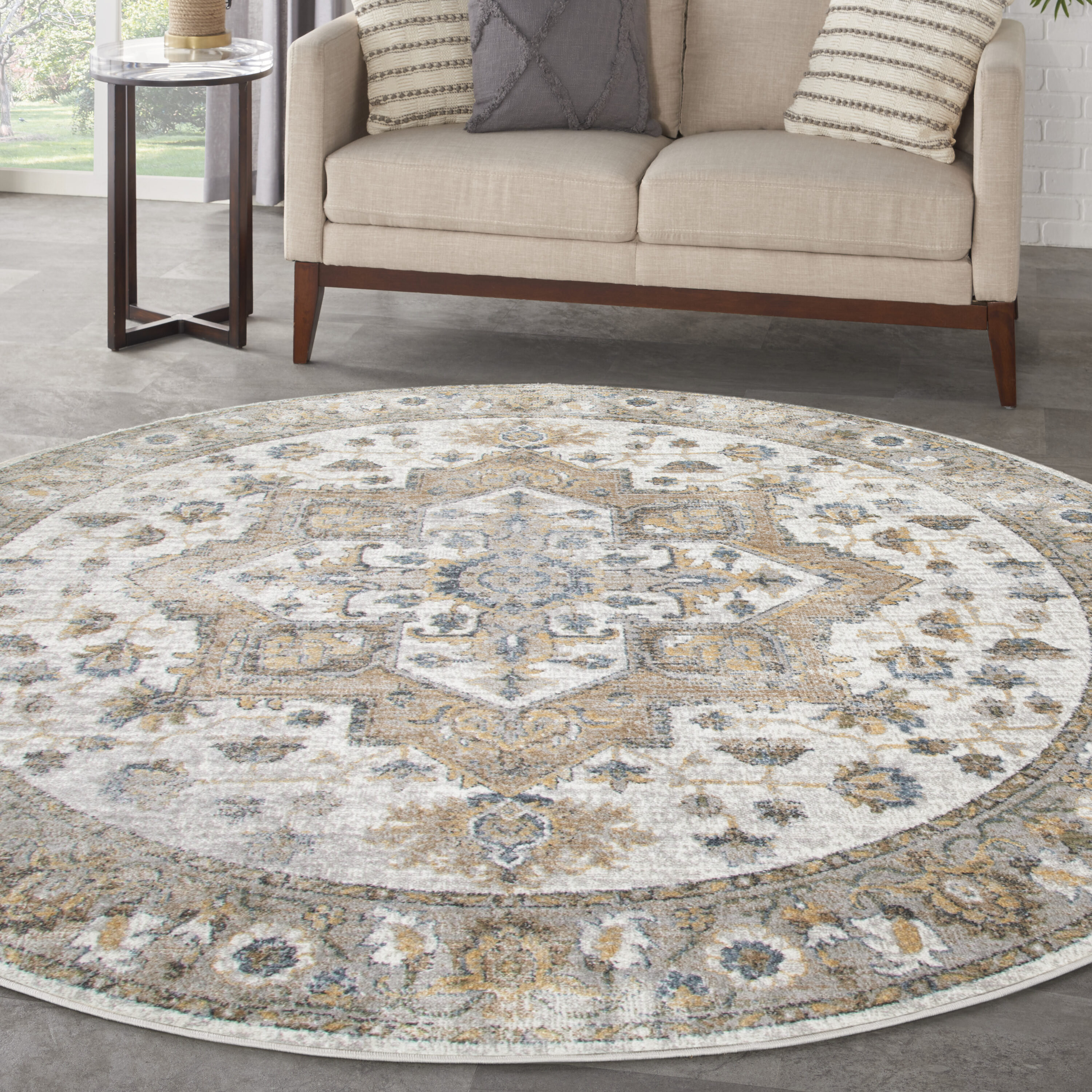 Nourison Home 099446933027 Astra Machine Washable 8 x 8 (ft) Loomed Polyester Silver Grey Round Indoor Medallion Vintage Machine washable Area rug