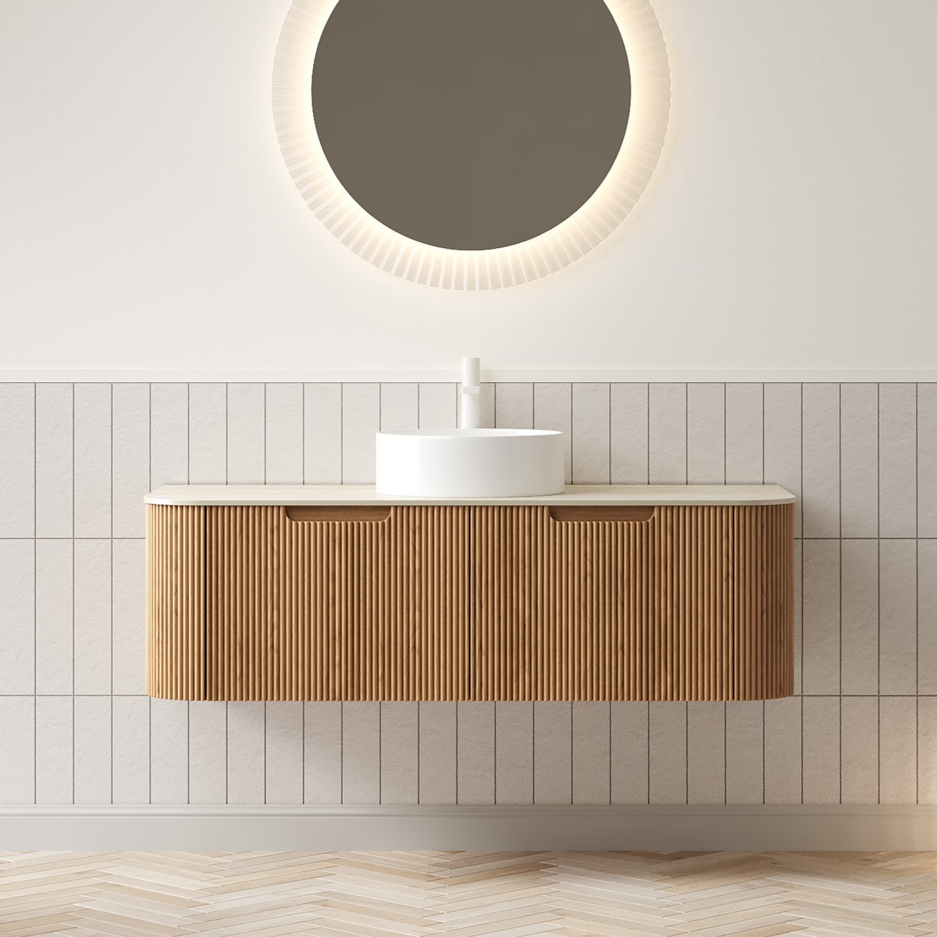 Vynxaria DINA 48-in Bathroom Vanity and Sink Floating Curved Edge Striped Plywood Storage Cabinet with 2 Drawers Round Ceramic Basin and Travertine-Pattern Sintered Stone Top Pre-assembled Natural Woodgrain Color
