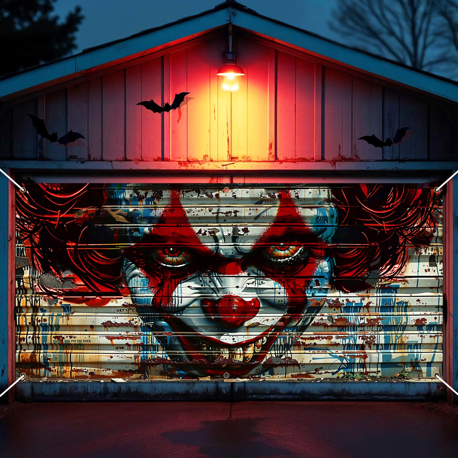 AOIZGMY  Halloween Garage Door Banner Scary Clown Theme Rusty Horror Joker Outdoor Party Backdrop Decor Six by Thirteen Feet