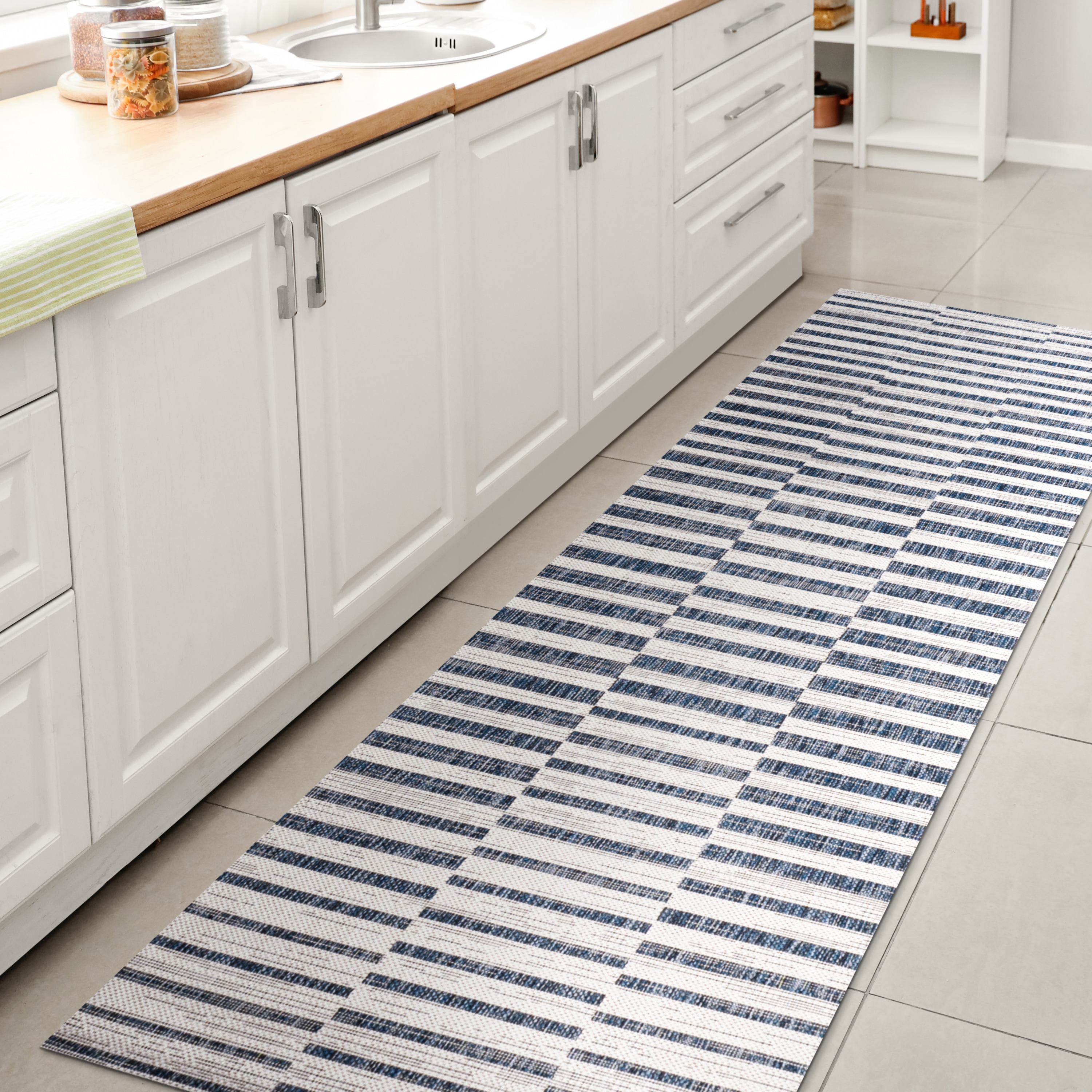 JONATHAN  Y SMB133C-210 Santa Monica Sukie Offset 2 x 10 (ft) Loomed Polypropylene Ivory/Blue Rectangular Indoor/Outdoor Stripe Bohemian/Eclectic Runner rug